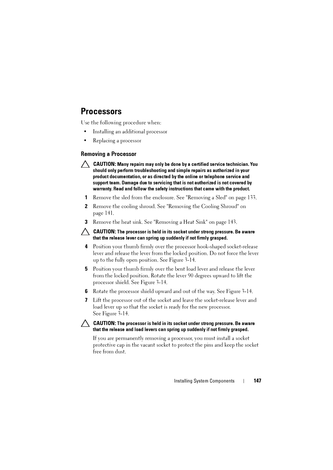 Dell C8220 owner manual Processors, Removing a Processor, 147 