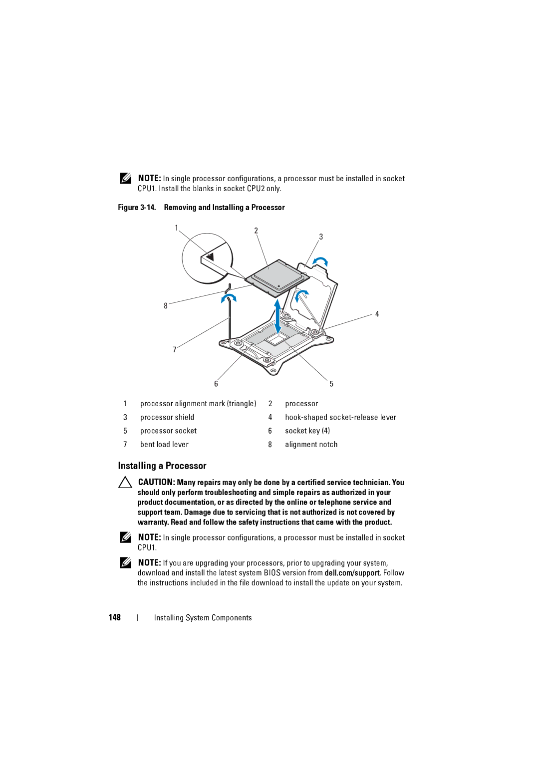 Dell C8220 owner manual Installing a Processor, 148 