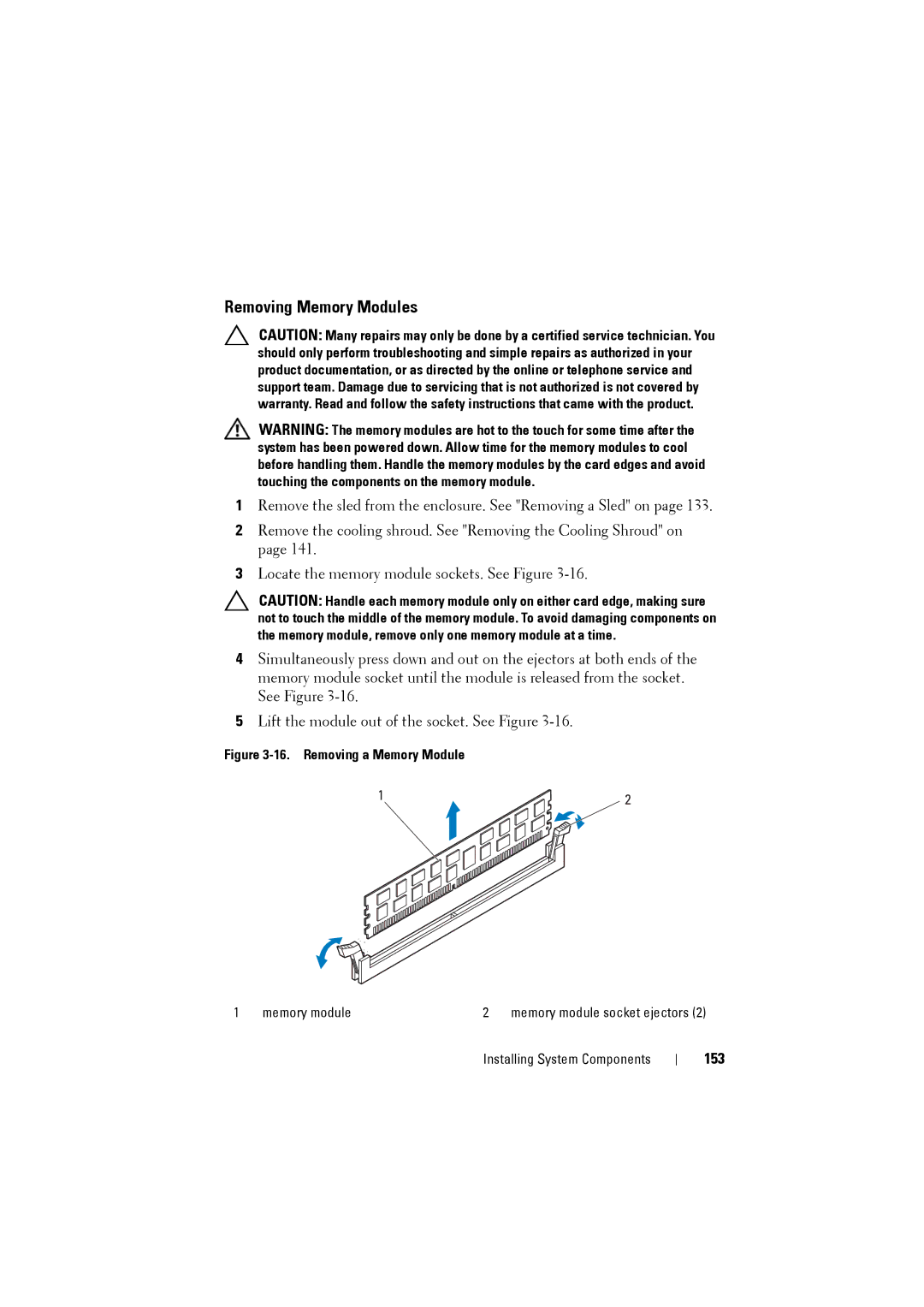 Dell C8220 owner manual Removing Memory Modules, 153 