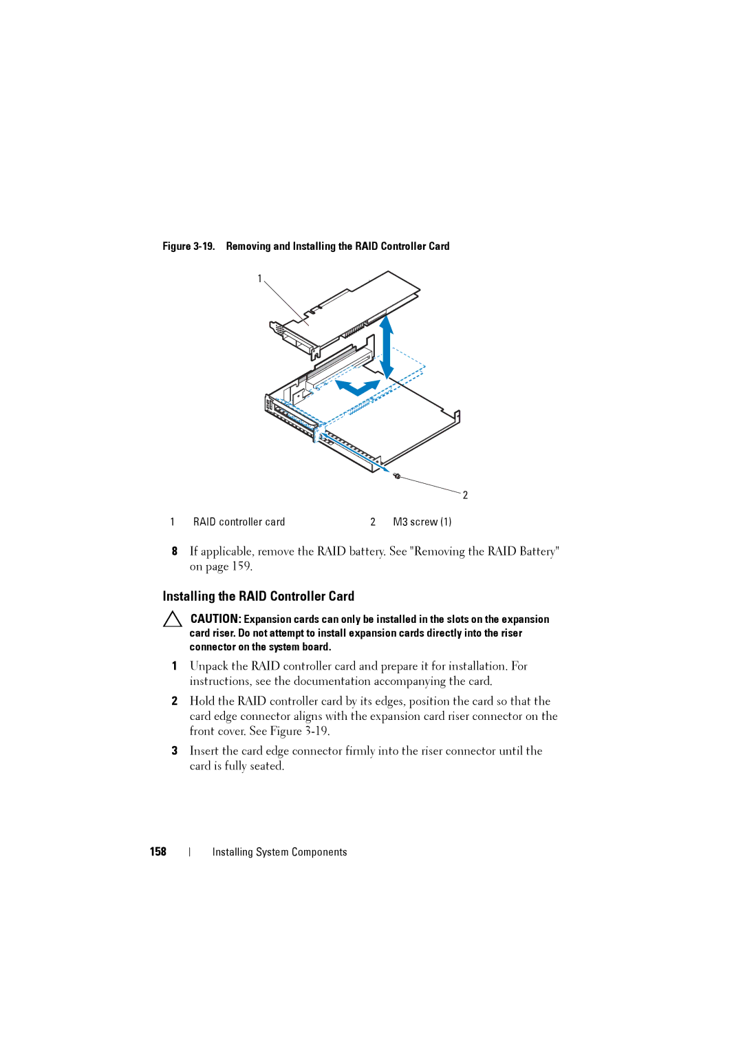 Dell C8220 owner manual Installing the RAID Controller Card, 158 