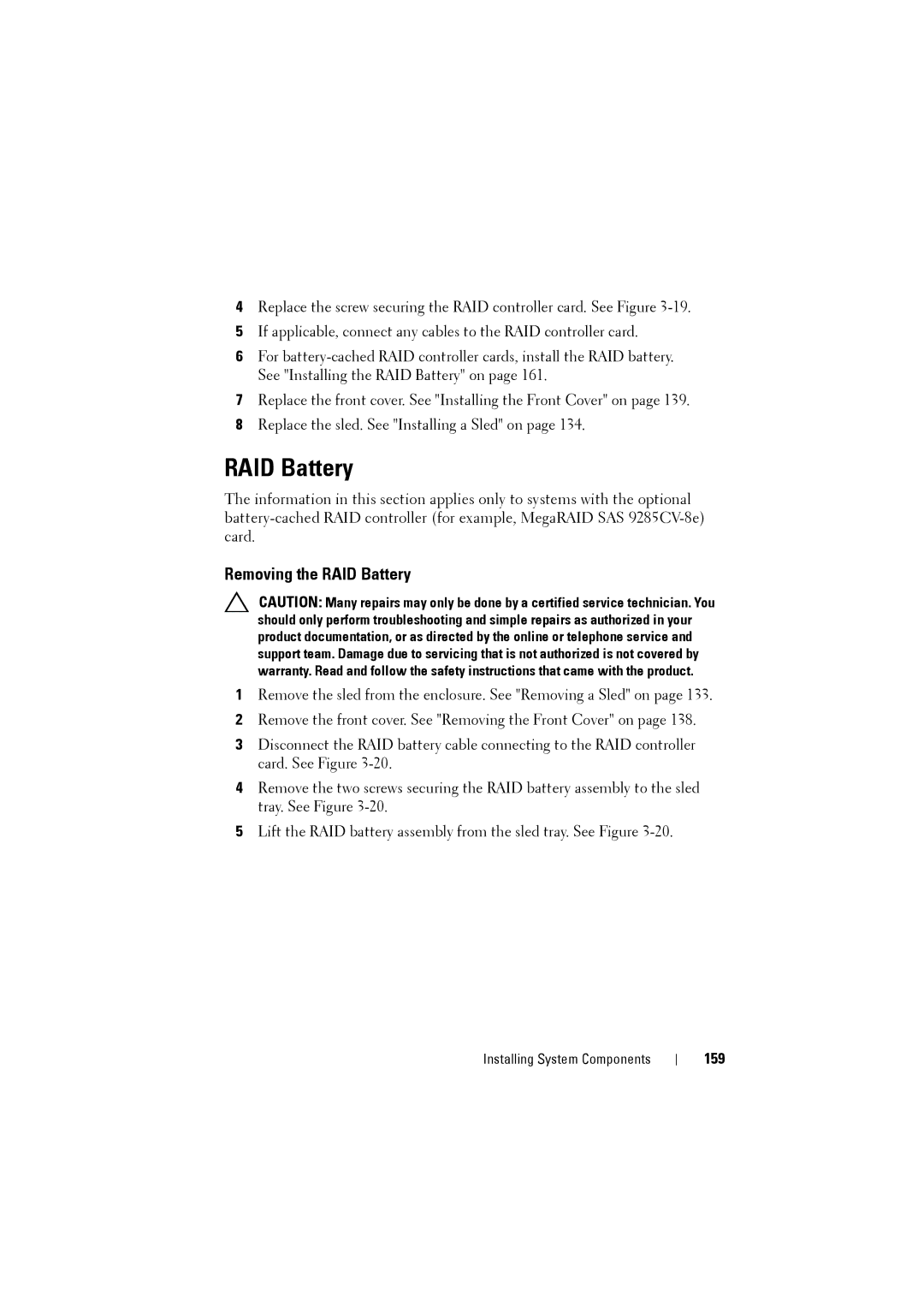 Dell C8220 owner manual Removing the RAID Battery, 159 