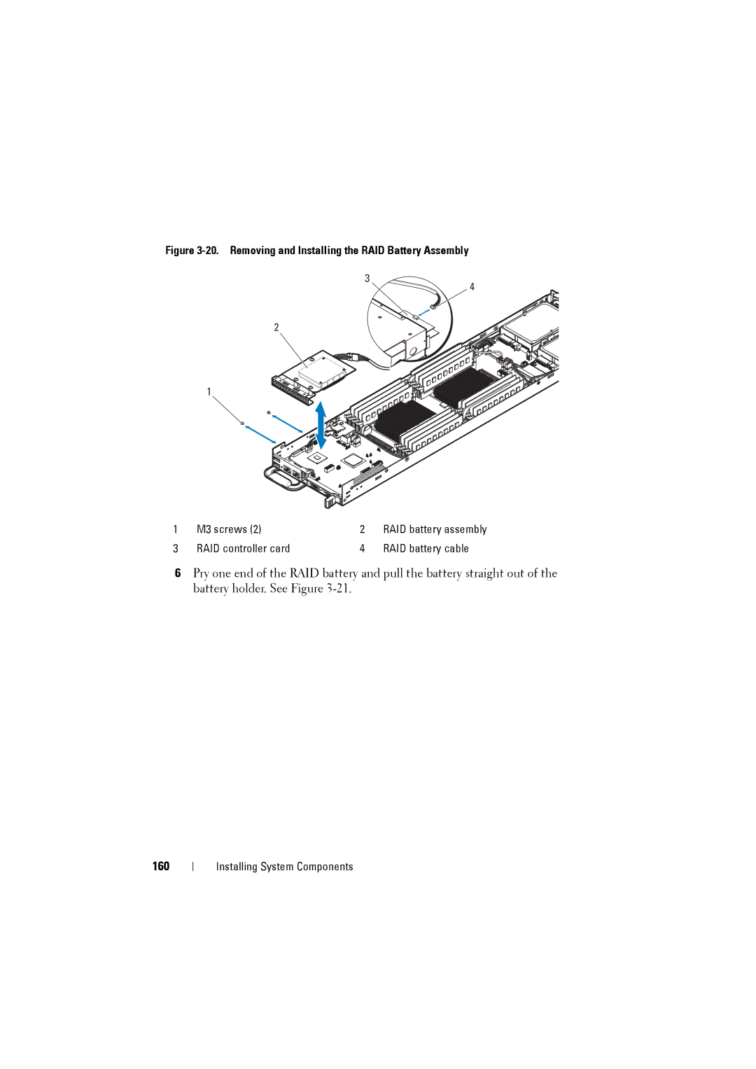 Dell C8220 owner manual 160, Removing and Installing the RAID Battery Assembly 