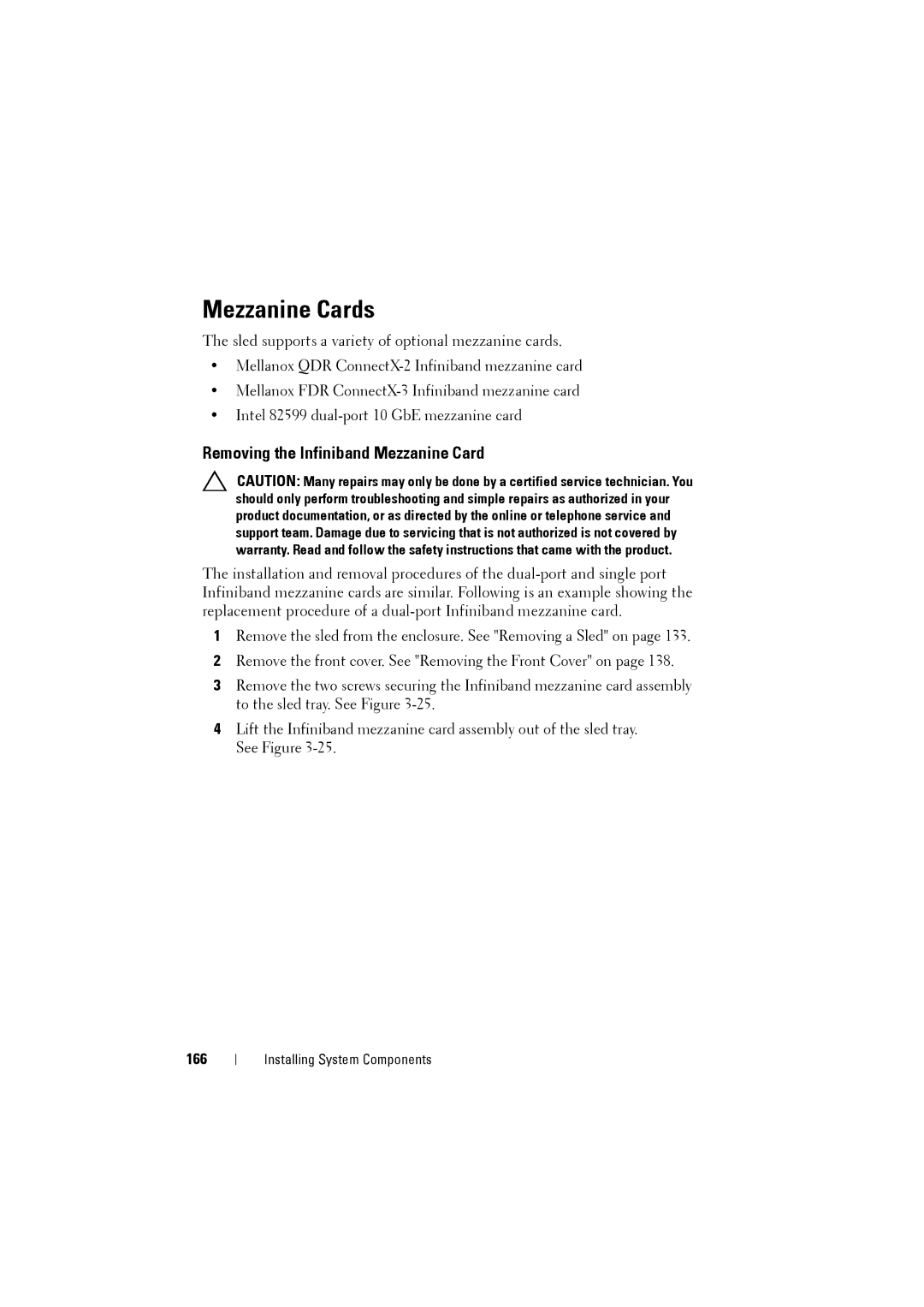 Dell C8220 owner manual Mezzanine Cards, Removing the Infiniband Mezzanine Card, 166 