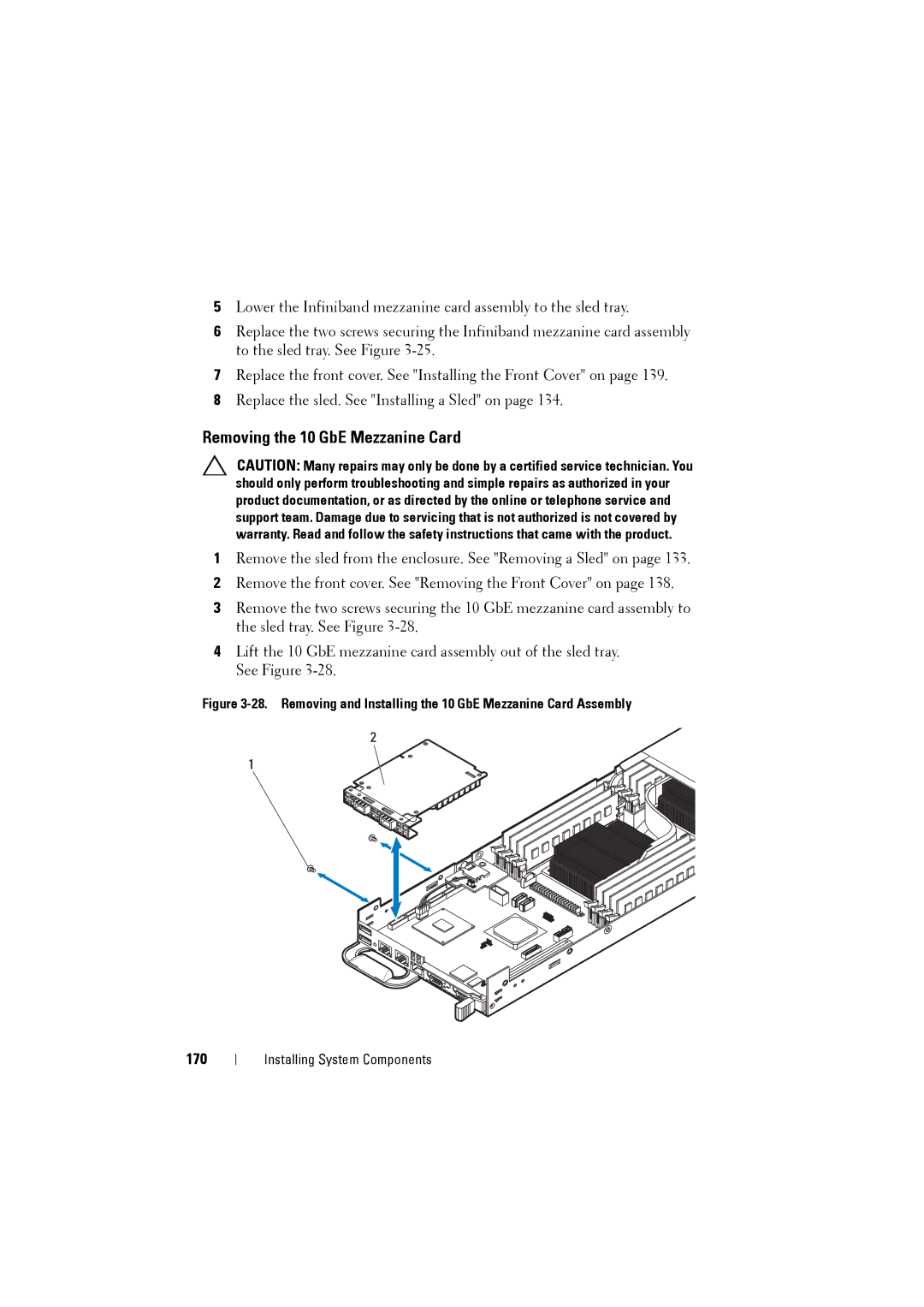 Dell C8220 owner manual Removing the 10 GbE Mezzanine Card, 170 