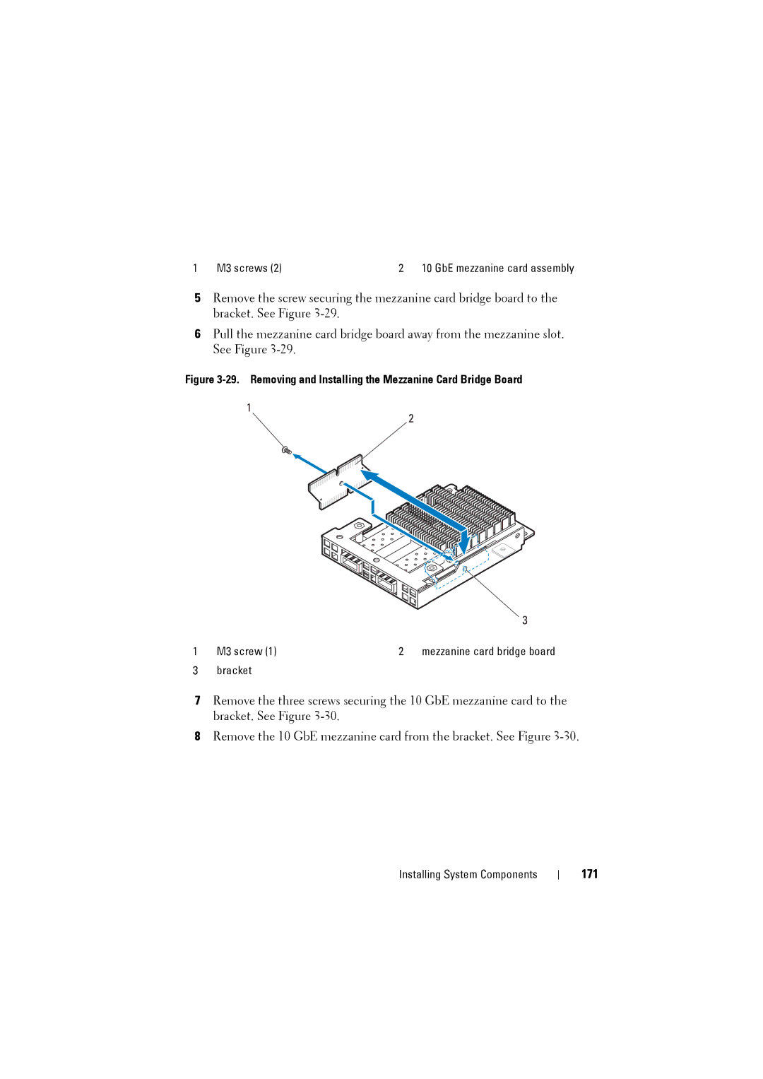 Dell C8220 owner manual 171, Removing and Installing the Mezzanine Card Bridge Board 