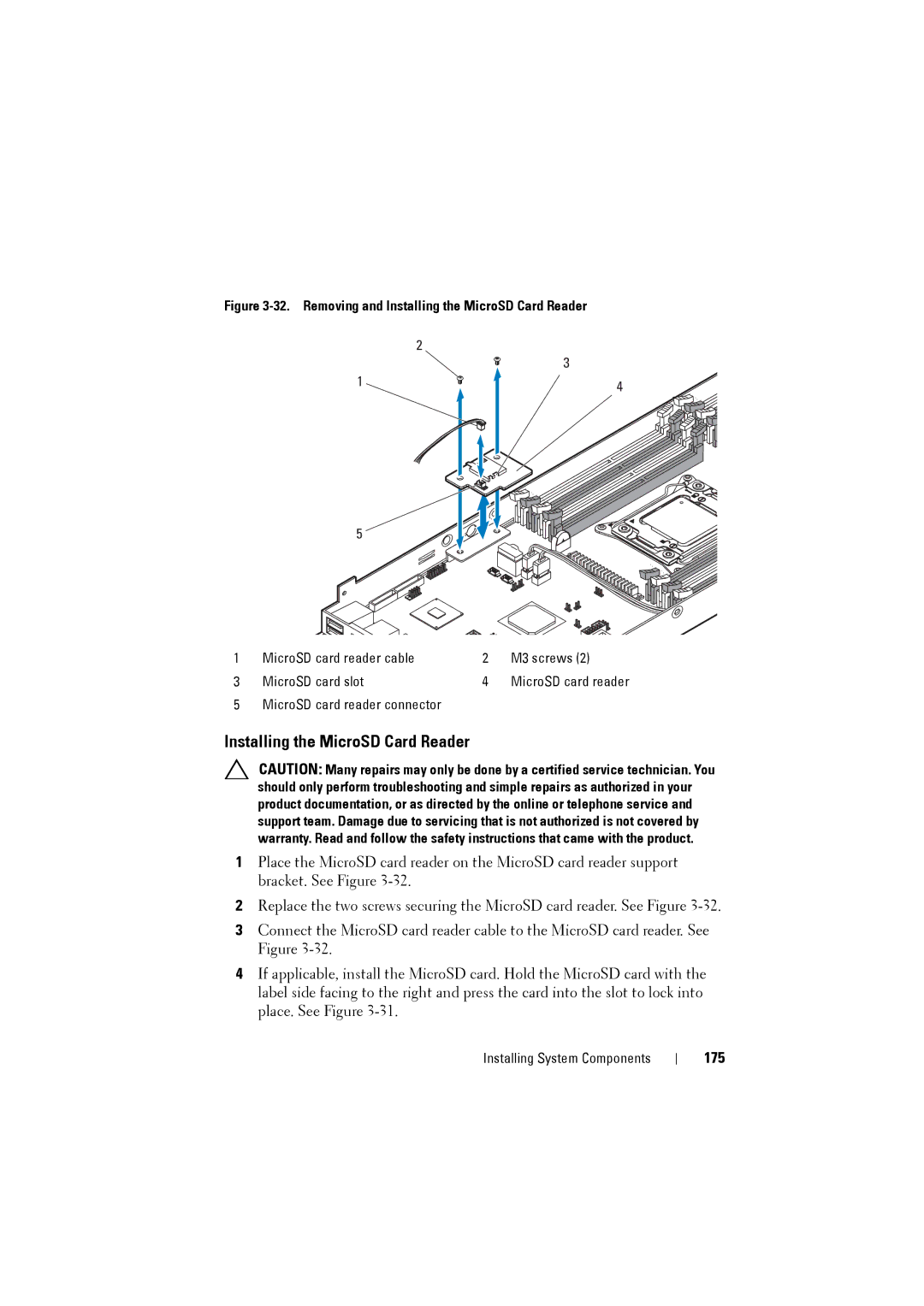 Dell C8220 owner manual Installing the MicroSD Card Reader, 175 