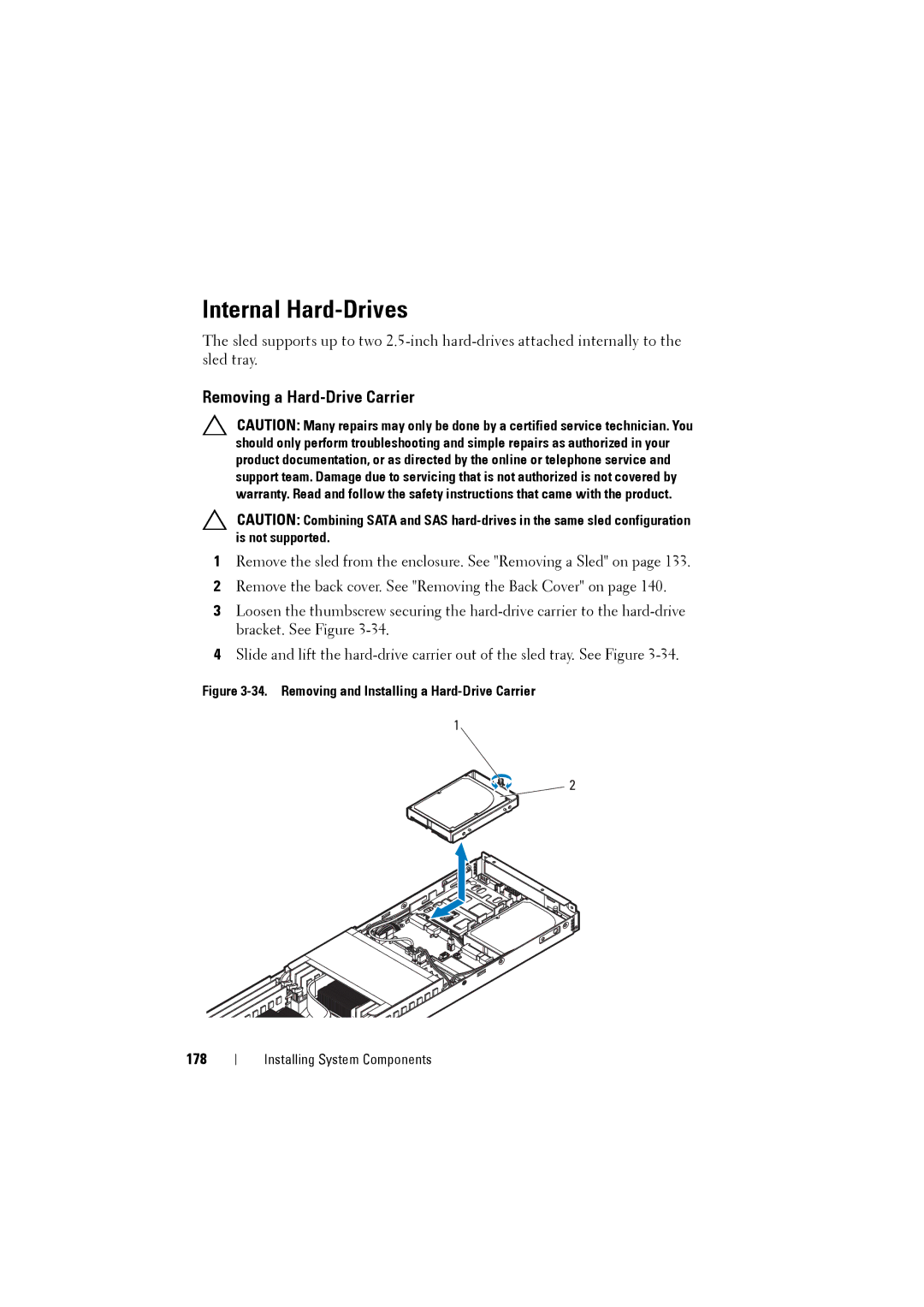 Dell C8220 owner manual Internal Hard-Drives, Removing a Hard-Drive Carrier, 178 