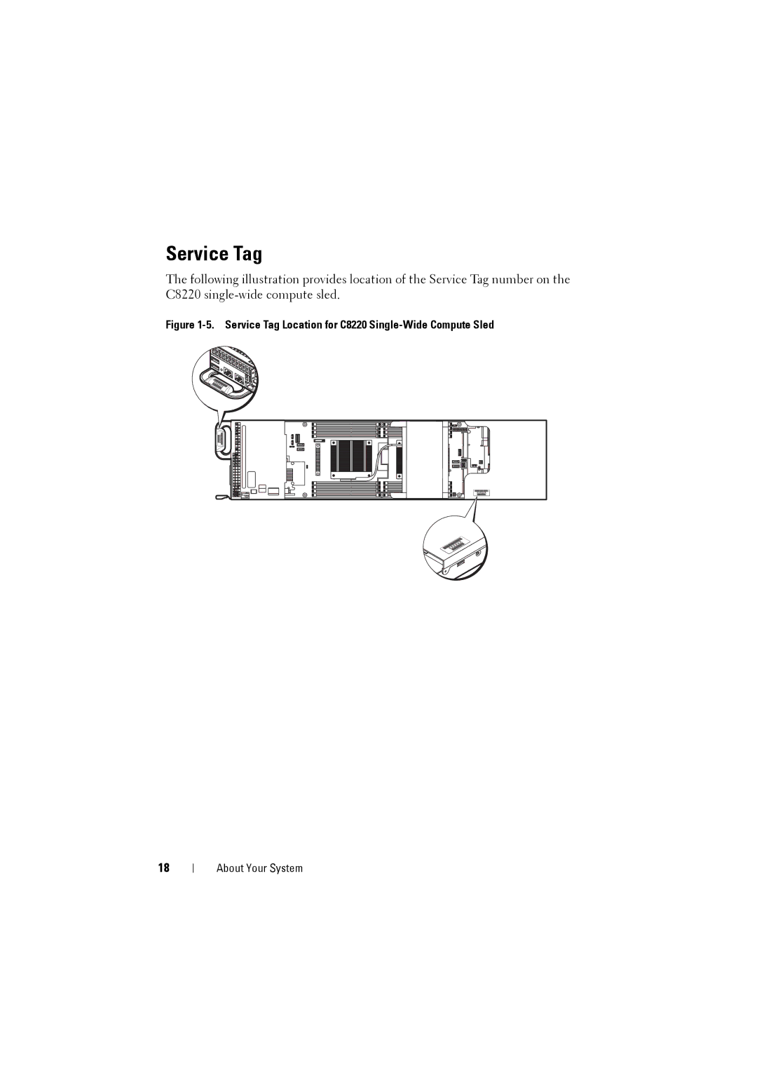 Dell owner manual Service Tag Location for C8220 Single-Wide Compute Sled 