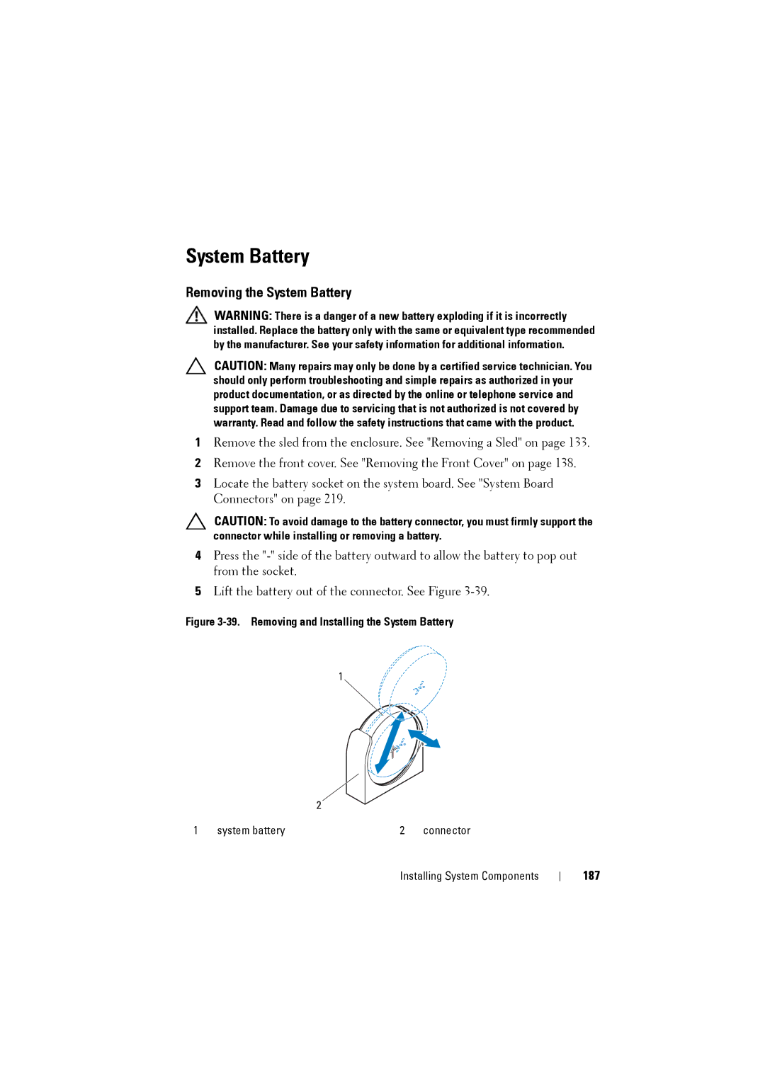 Dell C8220 owner manual Removing the System Battery, 187 