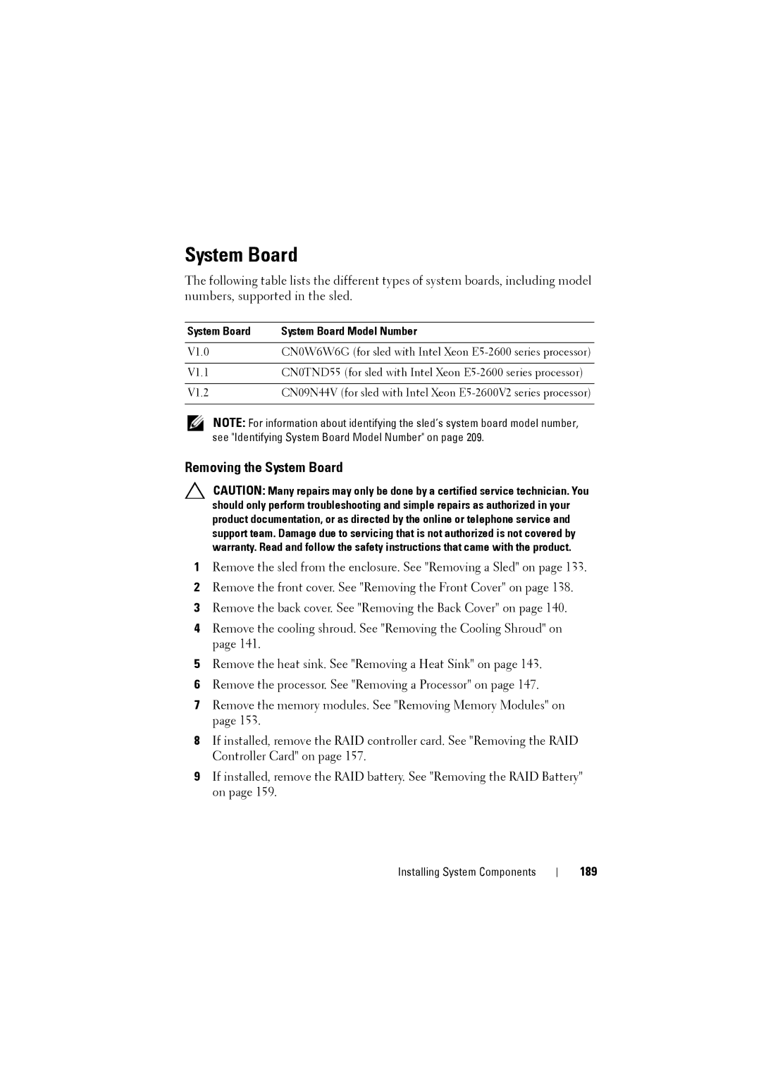 Dell C8220 owner manual Removing the System Board, 189, System Board System Board Model Number 