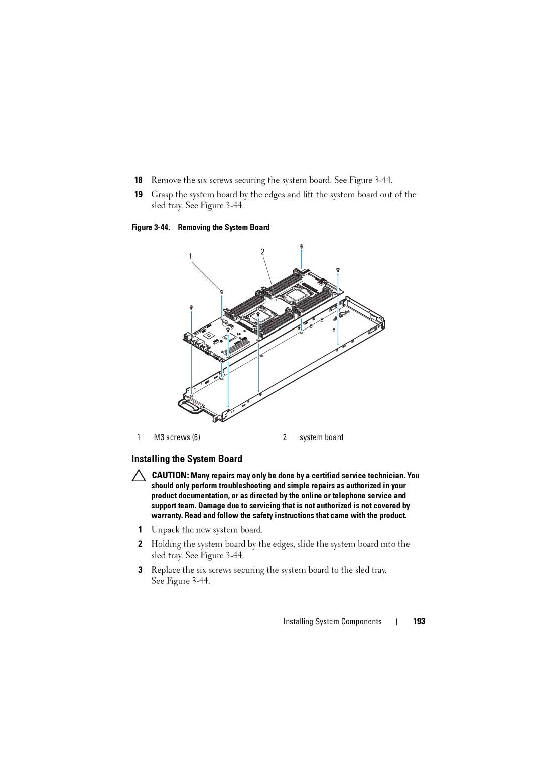 Dell C8220 owner manual Installing the System Board, 193 