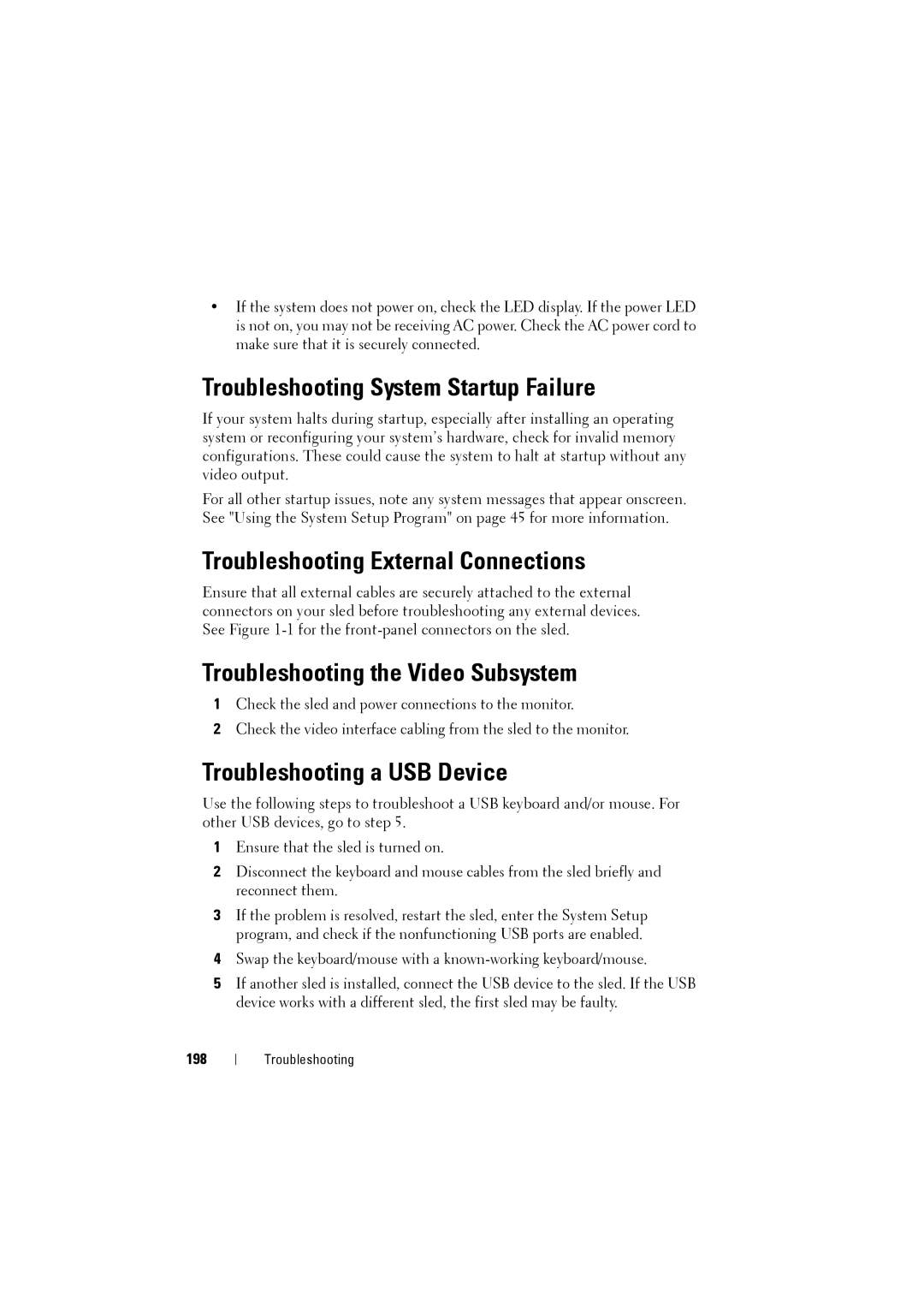 Dell C8220 Troubleshooting System Startup Failure, Troubleshooting External Connections, Troubleshooting a USB Device, 198 