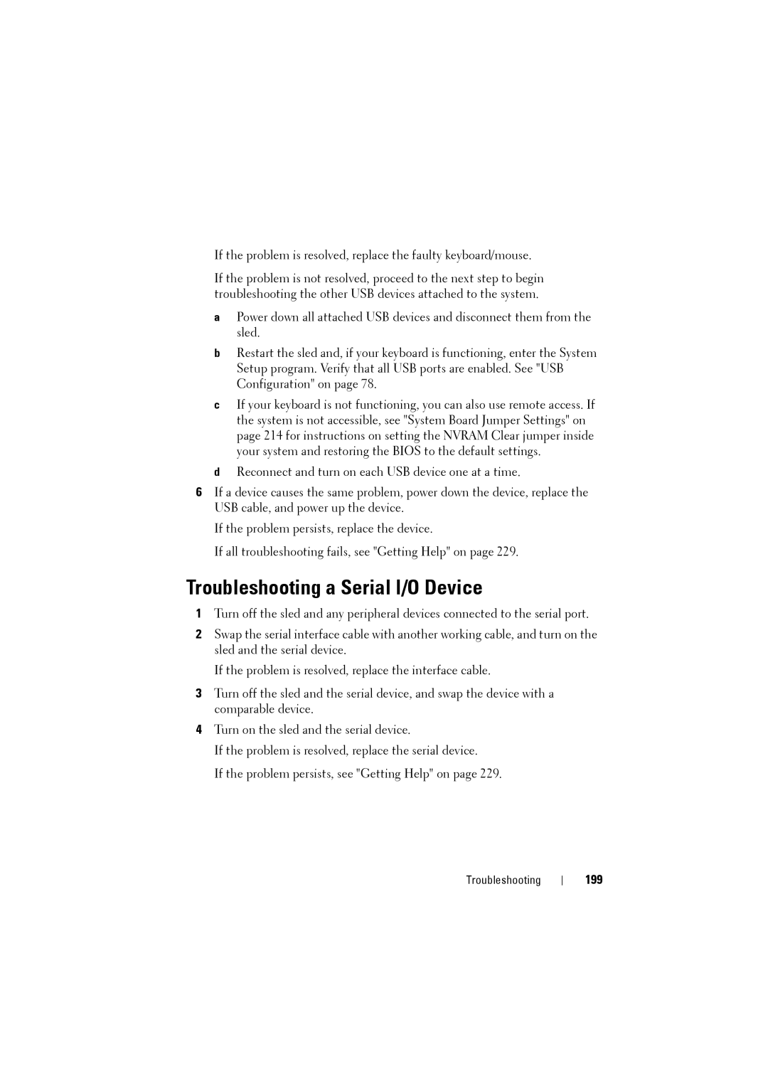 Dell C8220 owner manual Troubleshooting a Serial I/O Device, 199 