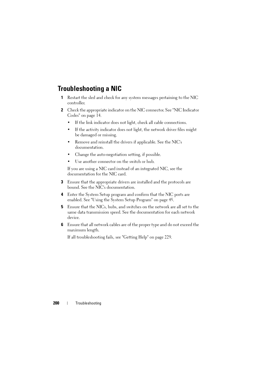 Dell C8220 owner manual Troubleshooting a NIC, 200 