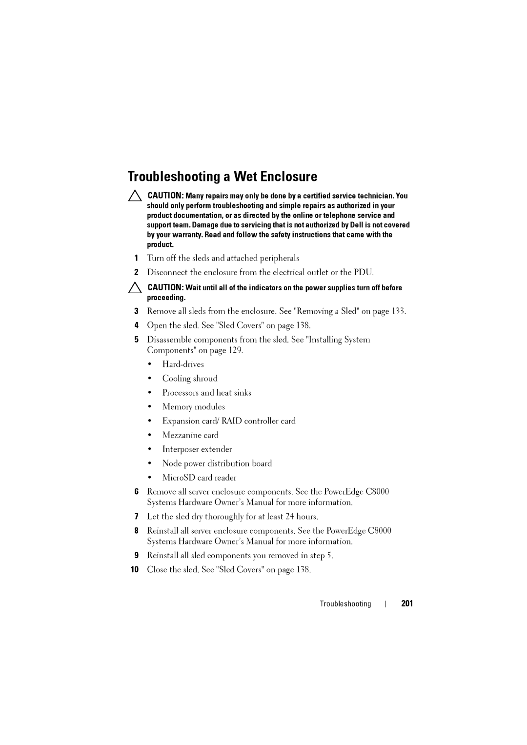 Dell C8220 owner manual Troubleshooting a Wet Enclosure, 201 