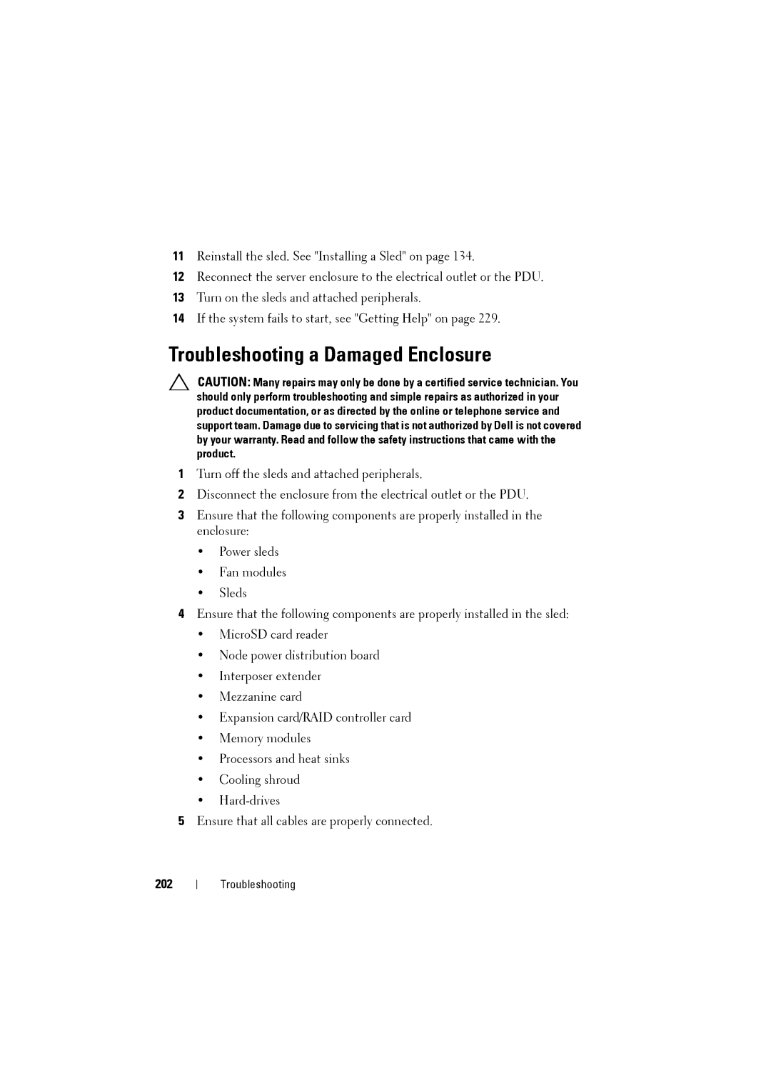 Dell C8220 owner manual Troubleshooting a Damaged Enclosure, 202 