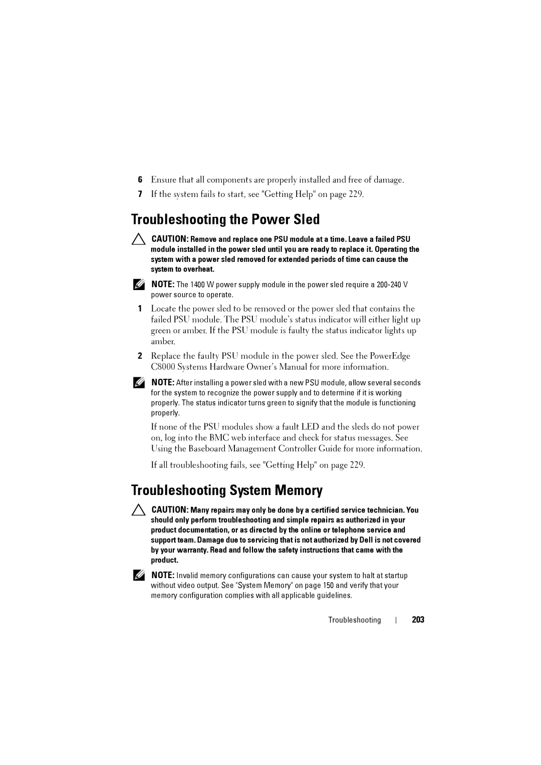 Dell C8220 owner manual Troubleshooting the Power Sled, Troubleshooting System Memory, 203 