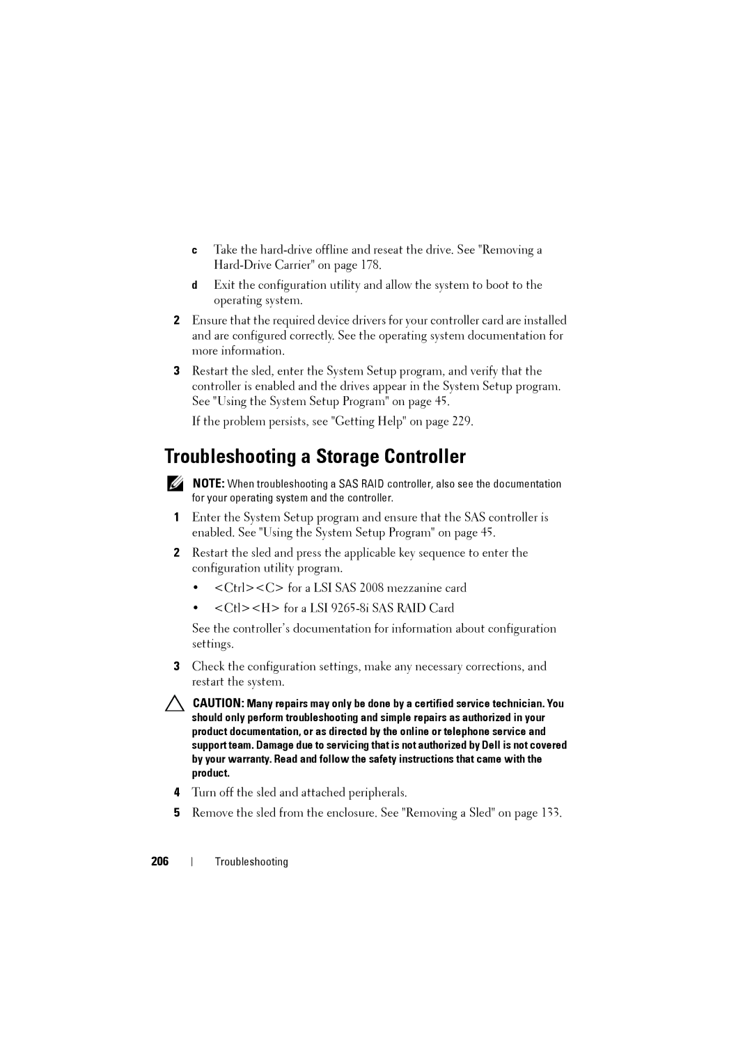 Dell C8220 owner manual Troubleshooting a Storage Controller, 206 