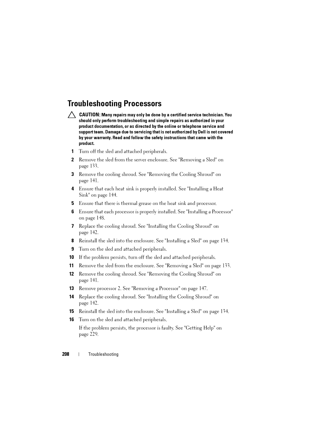 Dell C8220 owner manual Troubleshooting Processors, 208 