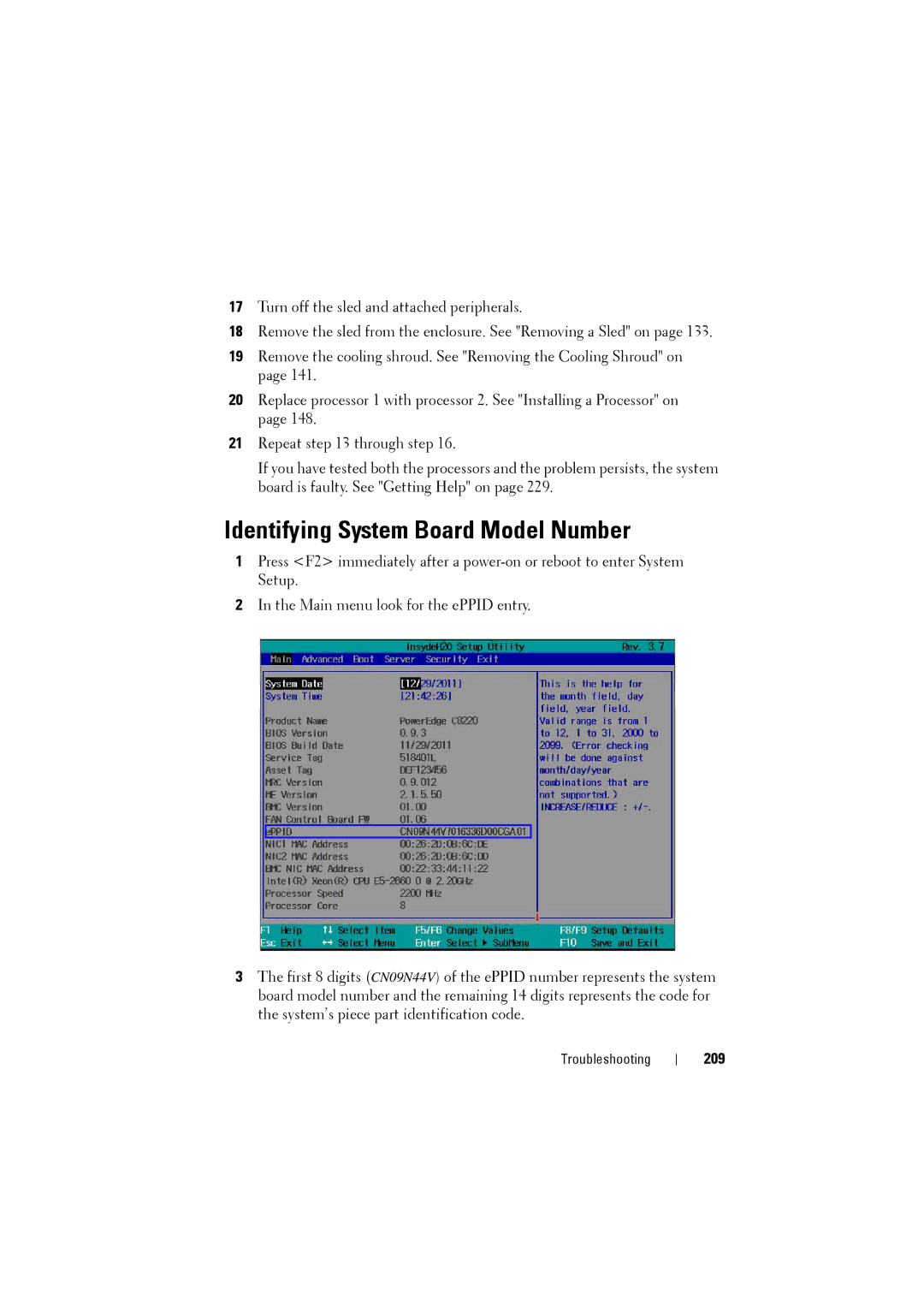 Dell C8220 owner manual Identifying System Board Model Number, 209 