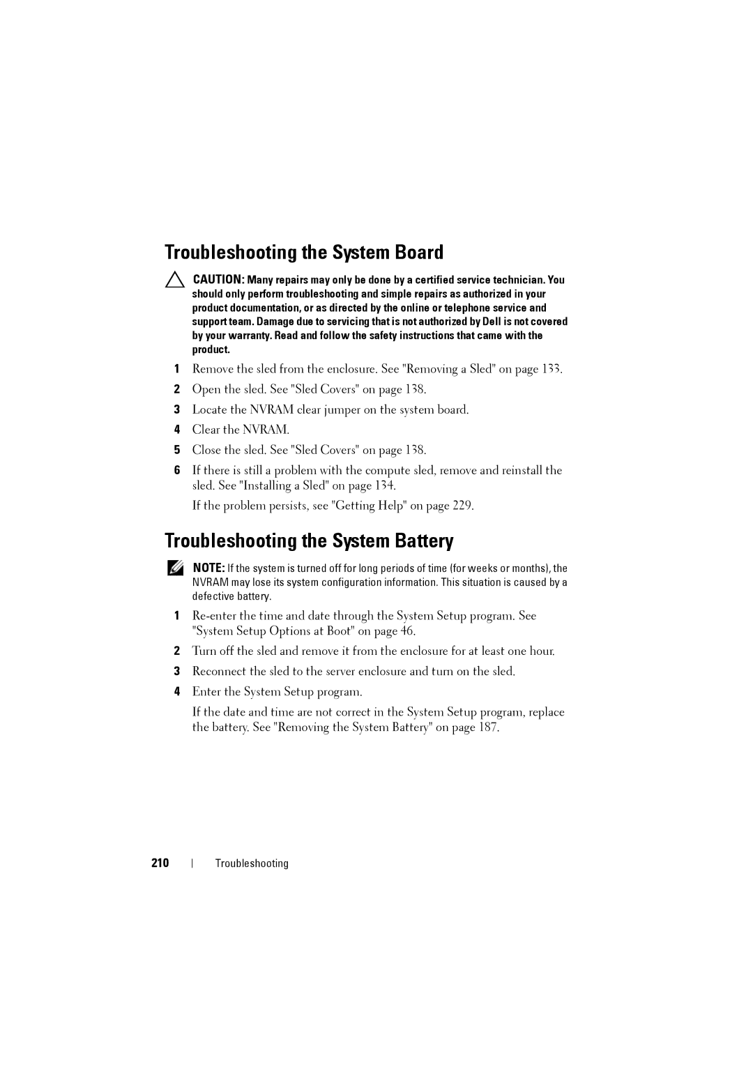 Dell C8220 owner manual Troubleshooting the System Board, Troubleshooting the System Battery, 210 