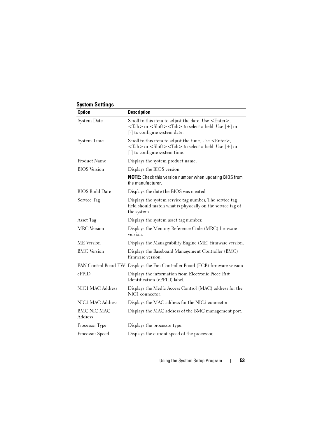 Dell C8220 owner manual System Settings, Option Description 