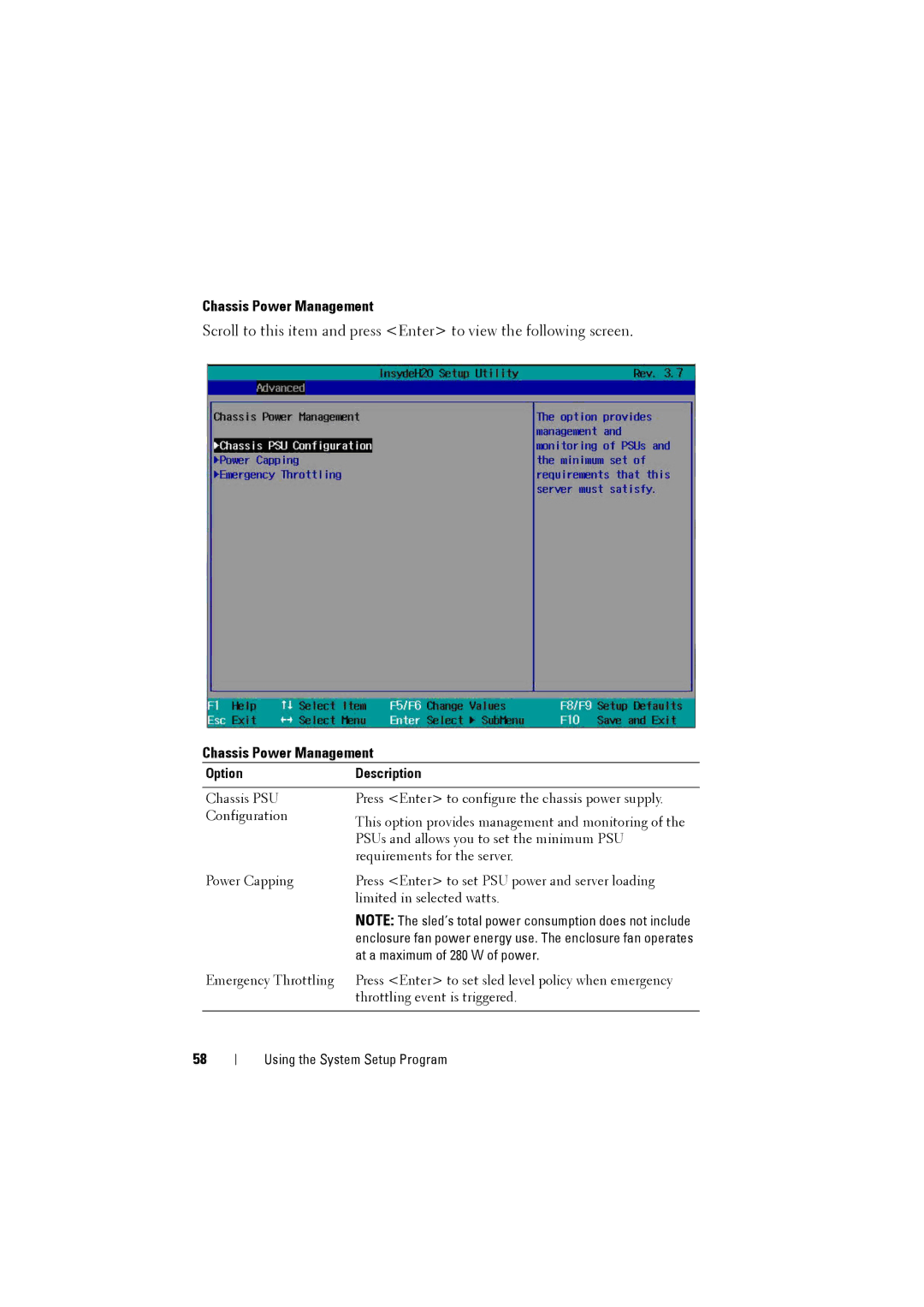 Dell C8220 owner manual Chassis Power Management, OptionDescription 