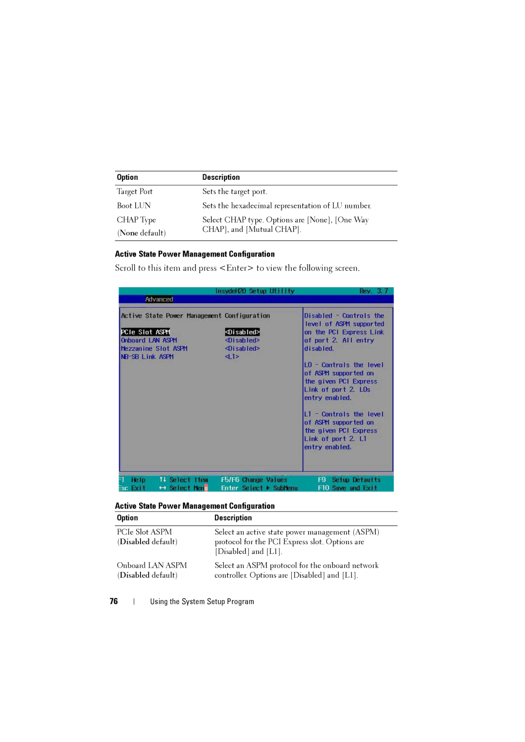 Dell C8220 owner manual Active State Power Management Configuration, OptionDescription 