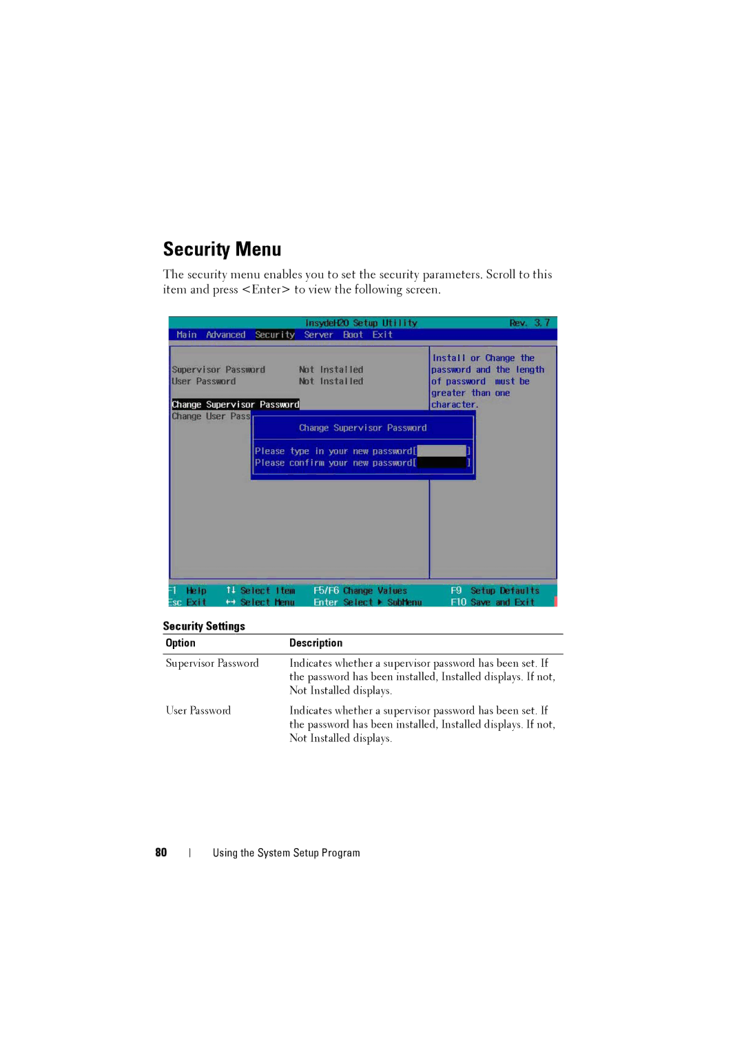 Dell C8220 owner manual Security Menu, Security Settings 