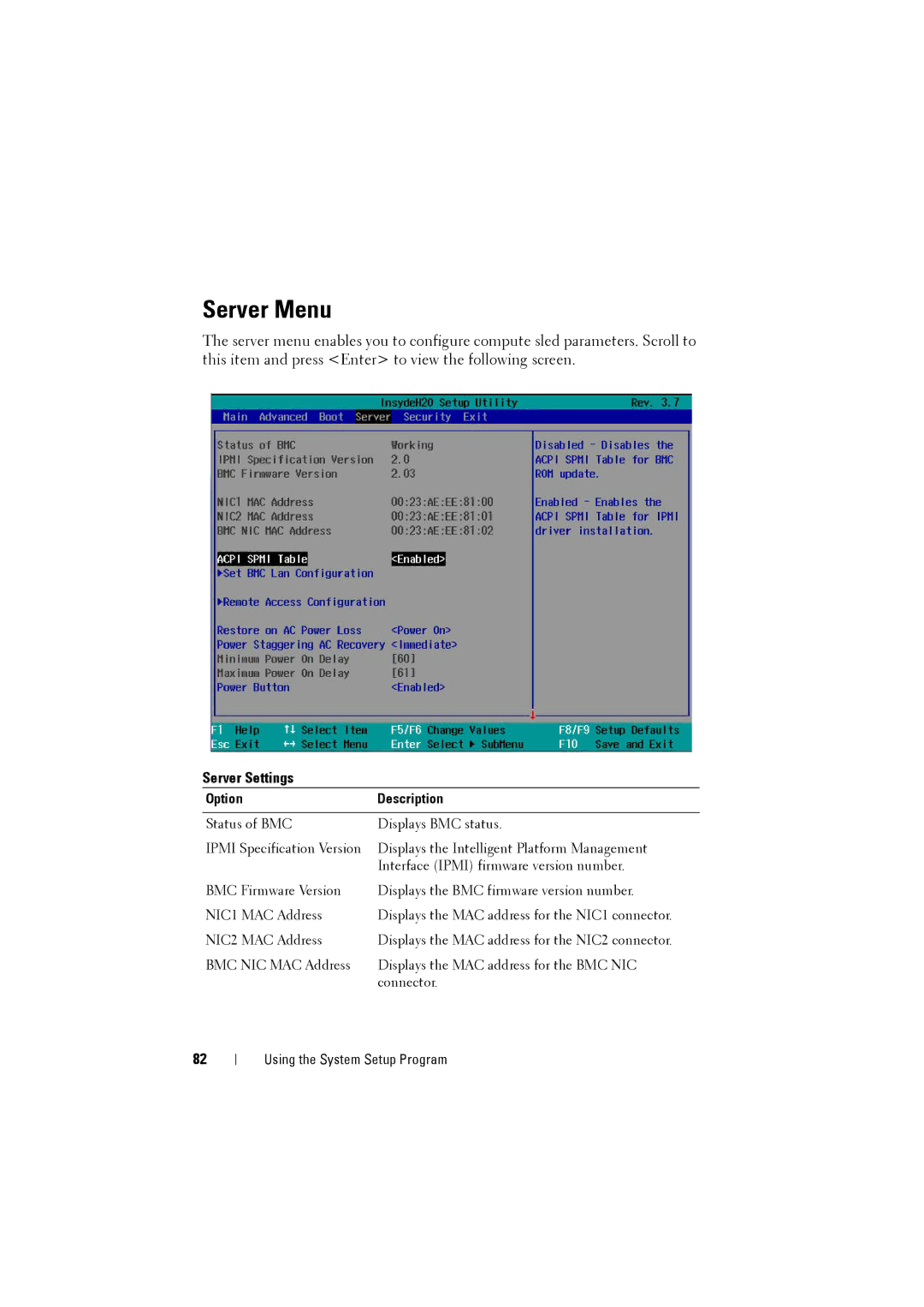 Dell C8220 owner manual Server Menu, Server Settings 