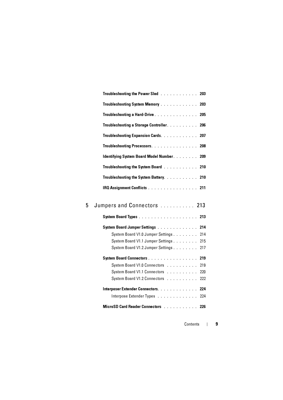 Dell C8220 owner manual 206, Troubleshooting Expansion Cards 207, 208, 209, 211, 213, System Board Jumper Settings 214, 219 