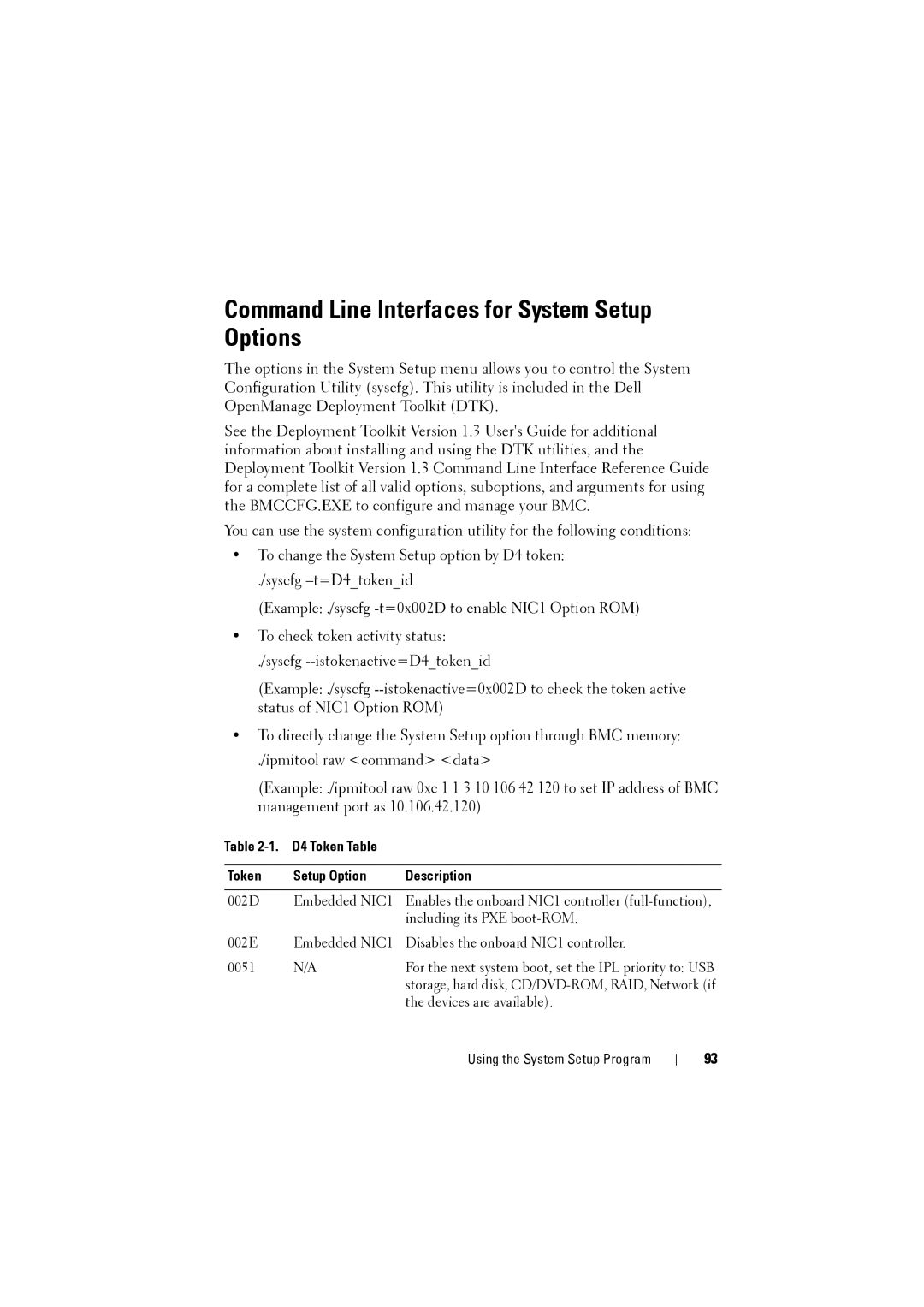 Dell C8220 owner manual Command Line Interfaces for System Setup Options, D4 Token Table Setup Option Description 