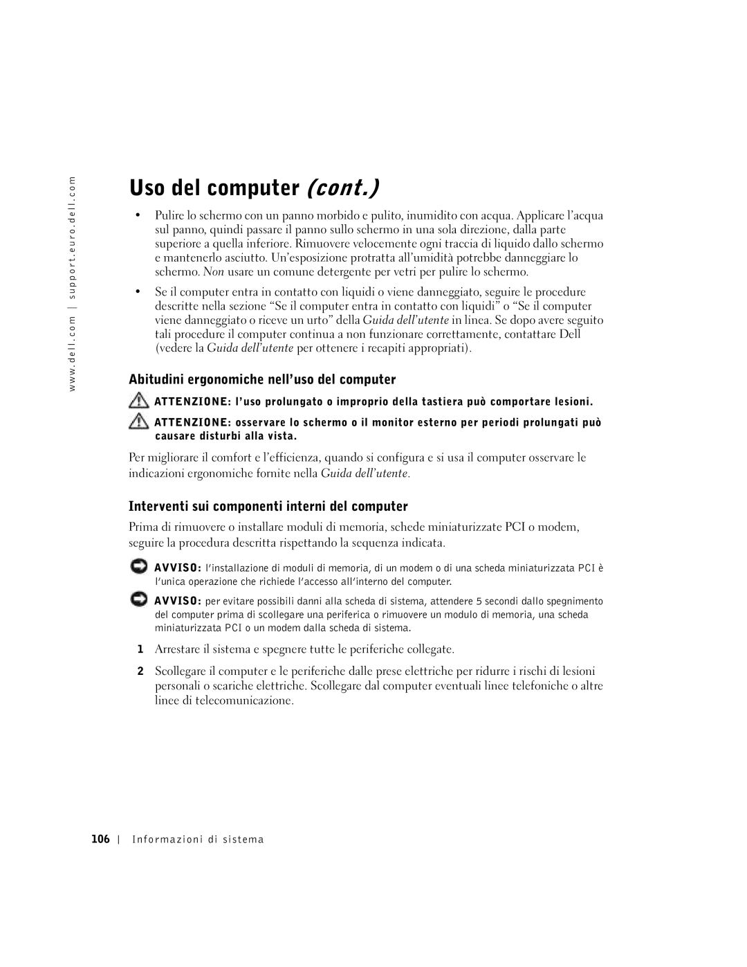 Dell C840 manual Abitudini ergonomiche nell’uso del computer, Interventi sui componenti interni del computer 