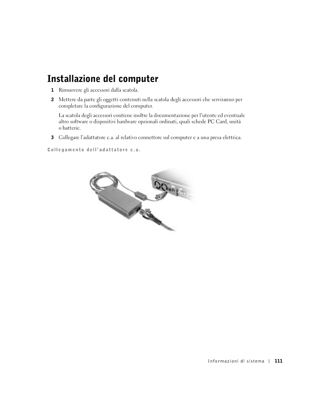 Dell C840 manual Installazione del computer, Informazioni di sistema 111 