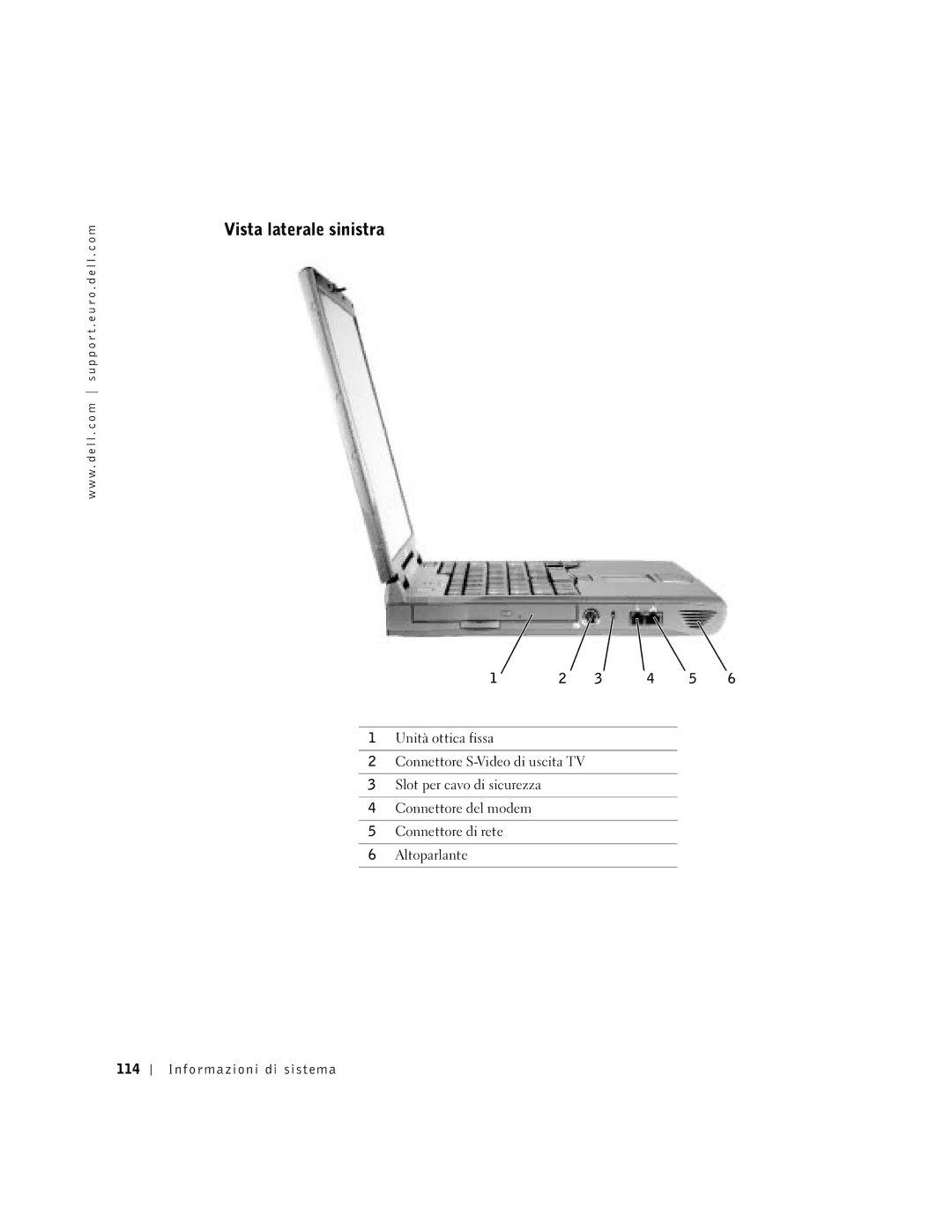 Dell C840 manual Vista laterale sinistra, Informazioni di sistema 