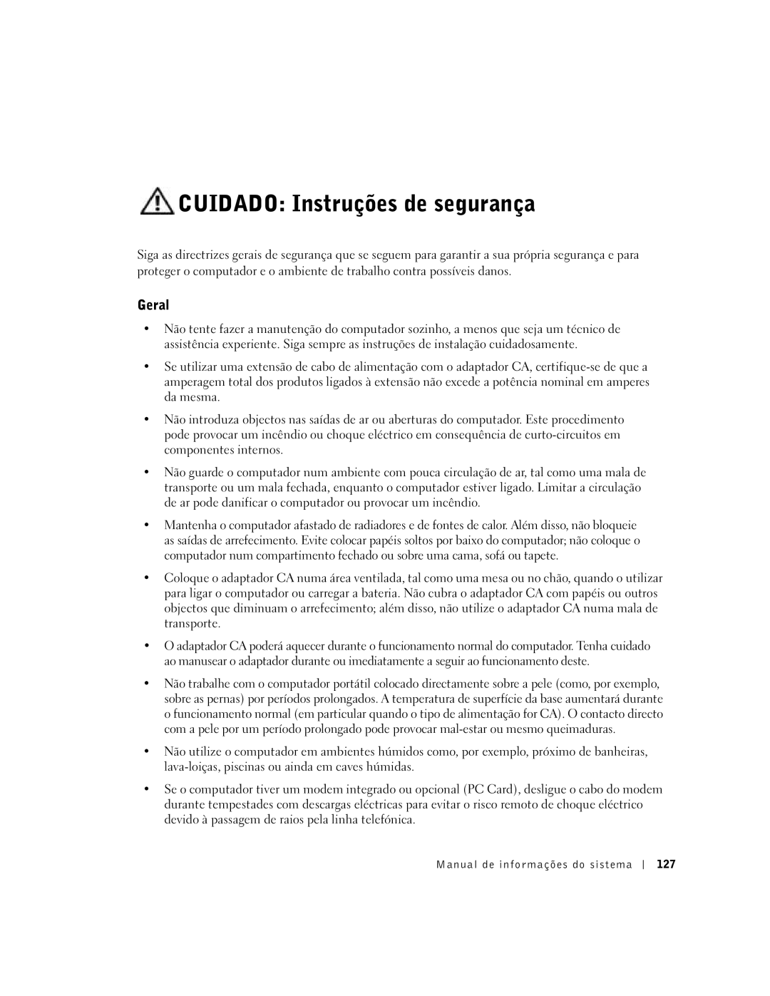 Dell C840 manual Cuidado Instruções de segurança, Geral, Manual de informações do sistema 127 