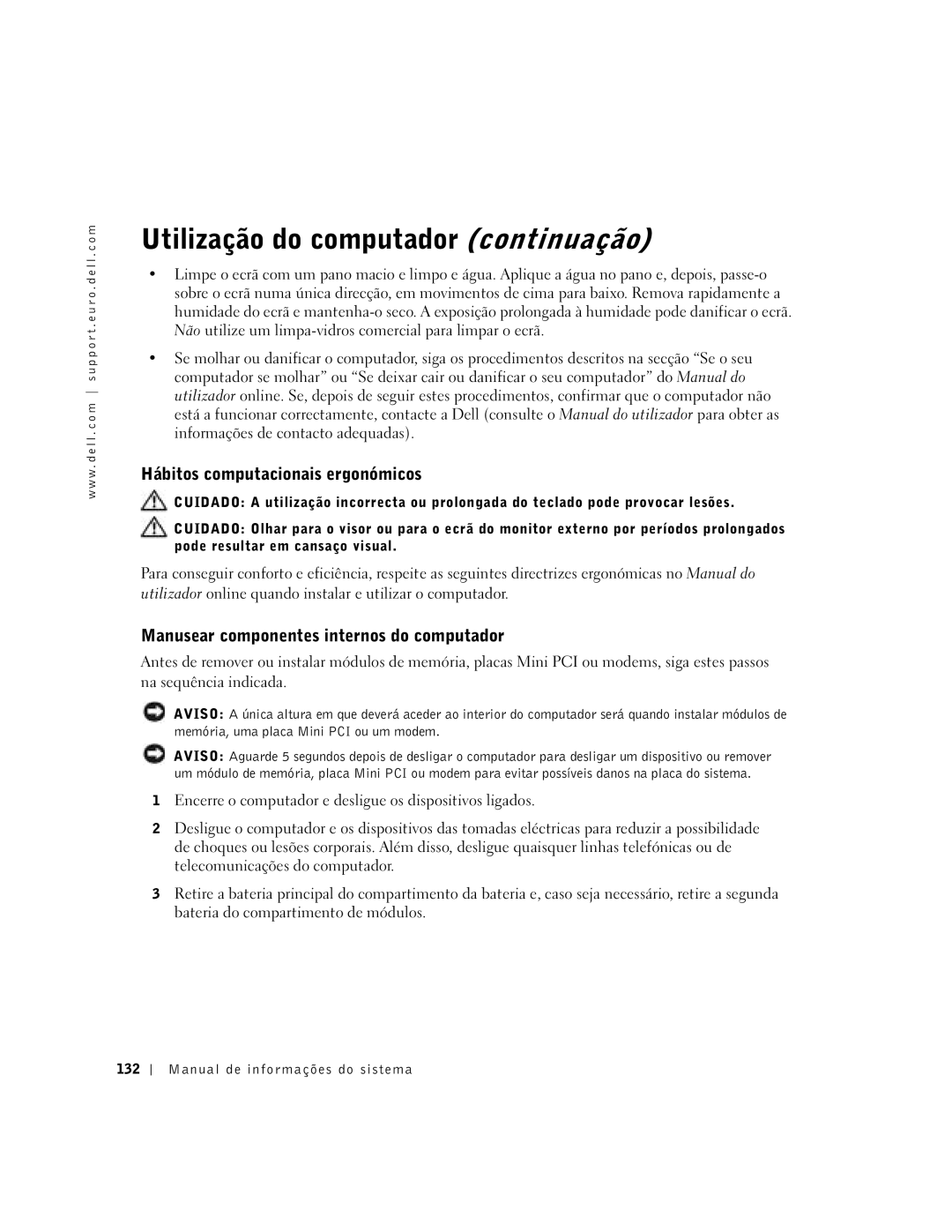 Dell C840 manual Utilização do computador continuação, Hábitos computacionais ergonómicos, Manual de informações do sistema 