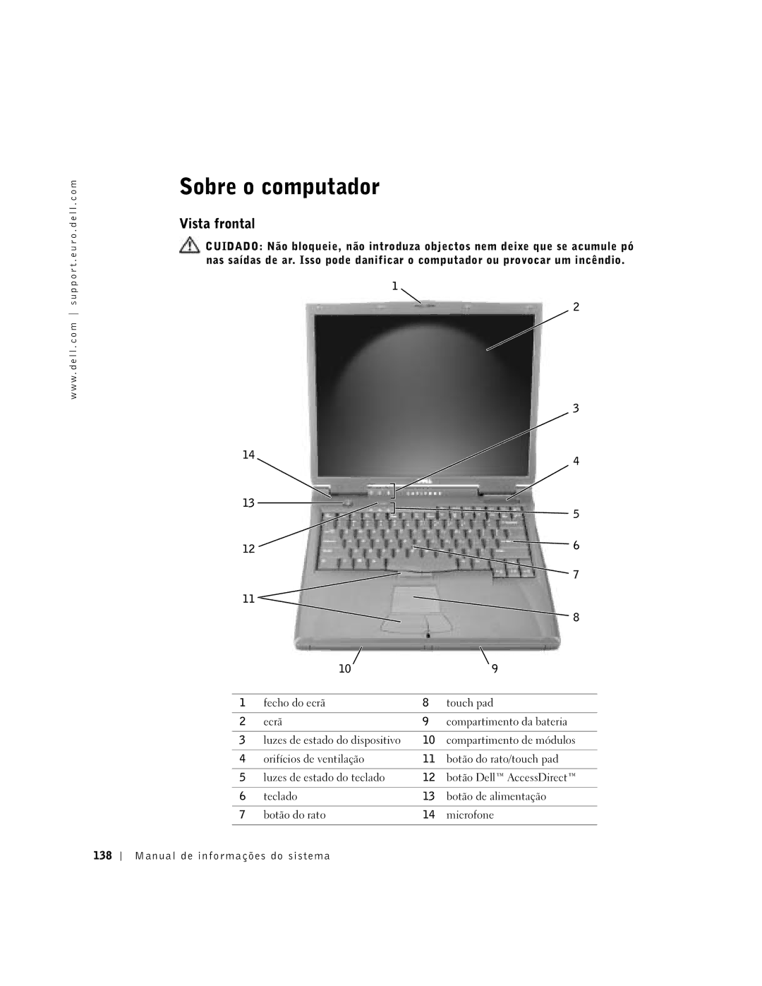 Dell C840 manual Sobre o computador, Vista frontal, Manual de informações do sistema 