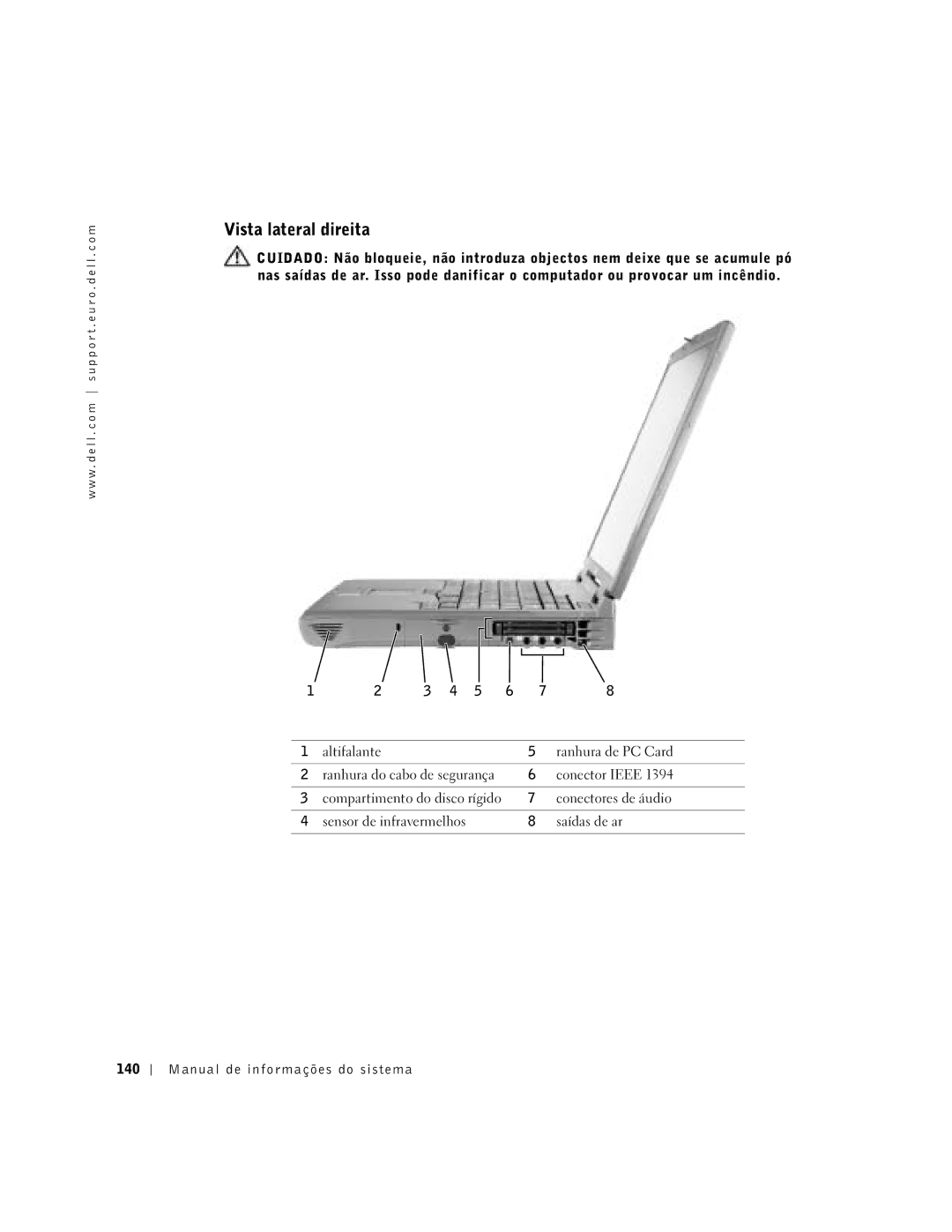 Dell C840 manual Vista lateral direita, Manual de informações do sistema 