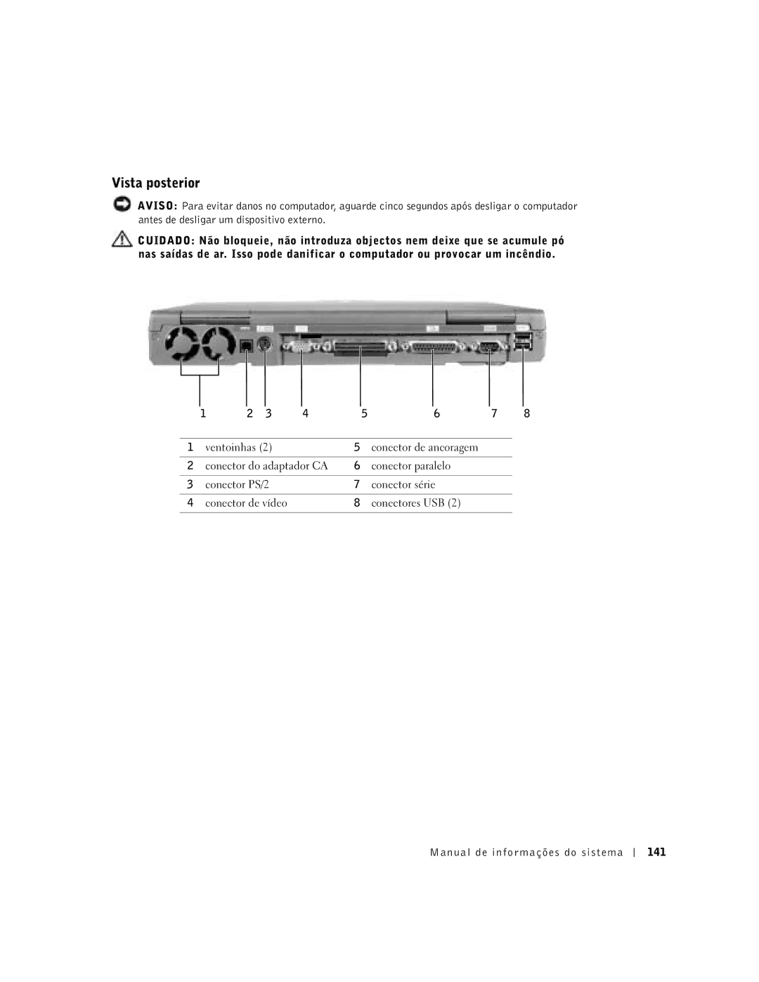 Dell C840 manual Vista posterior, Manual de informações do sistema 141 