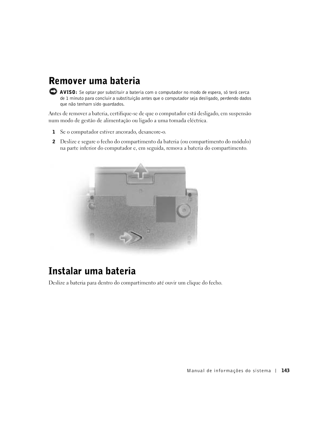 Dell C840 manual Remover uma bateria, Instalar uma bateria, Manual de informações do sistema 143 