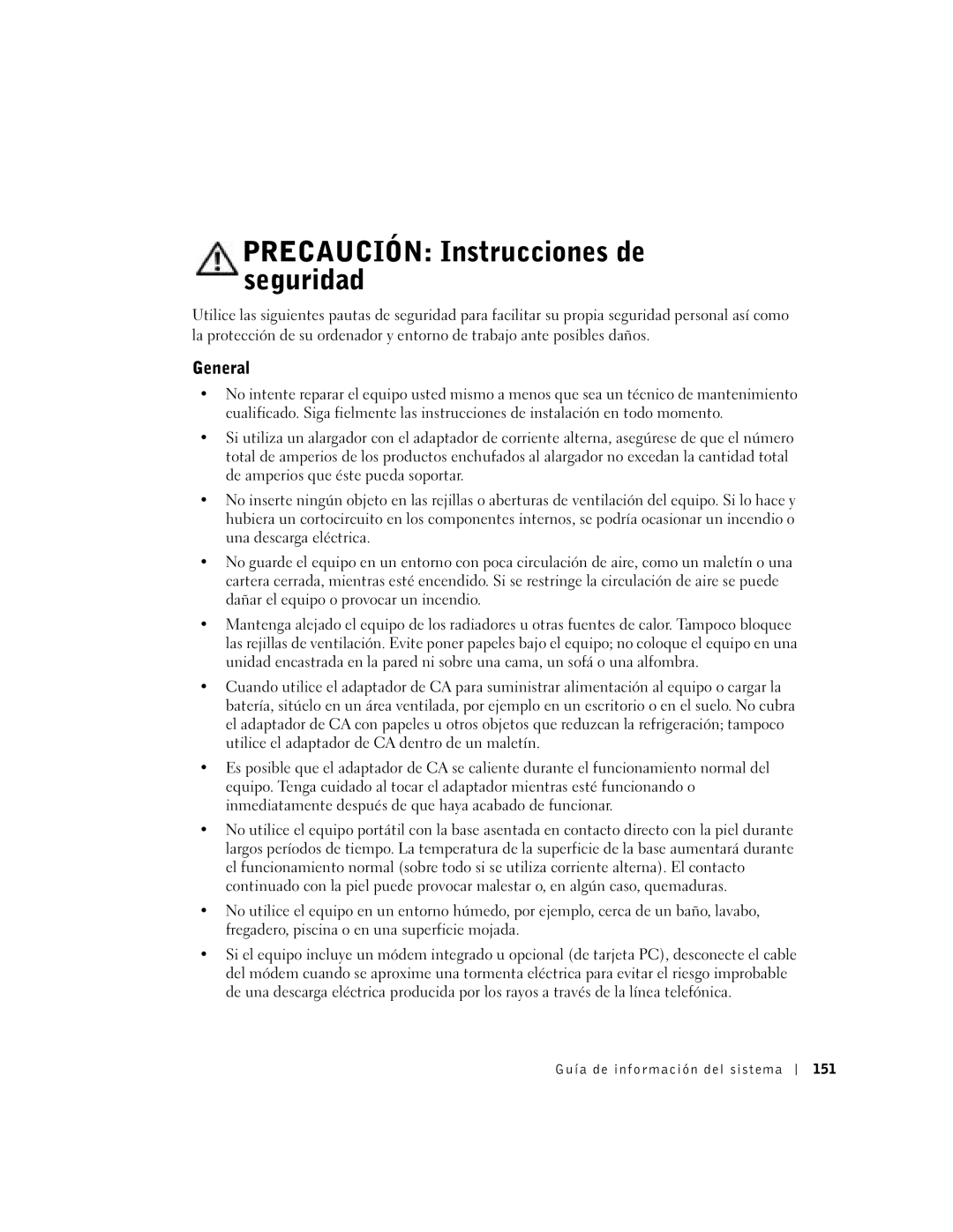 Dell C840 manual Precaución Instrucciones de seguridad, Guía de información del sistema 151 