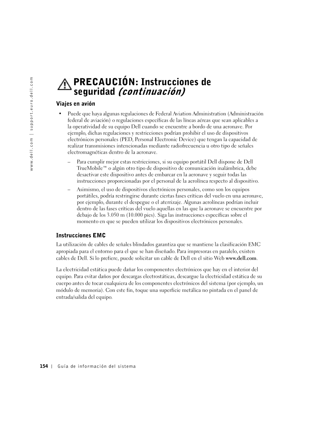 Dell C840 manual Viajes en avión, Instrucciones EMC, 154 Guía de información del sistema 