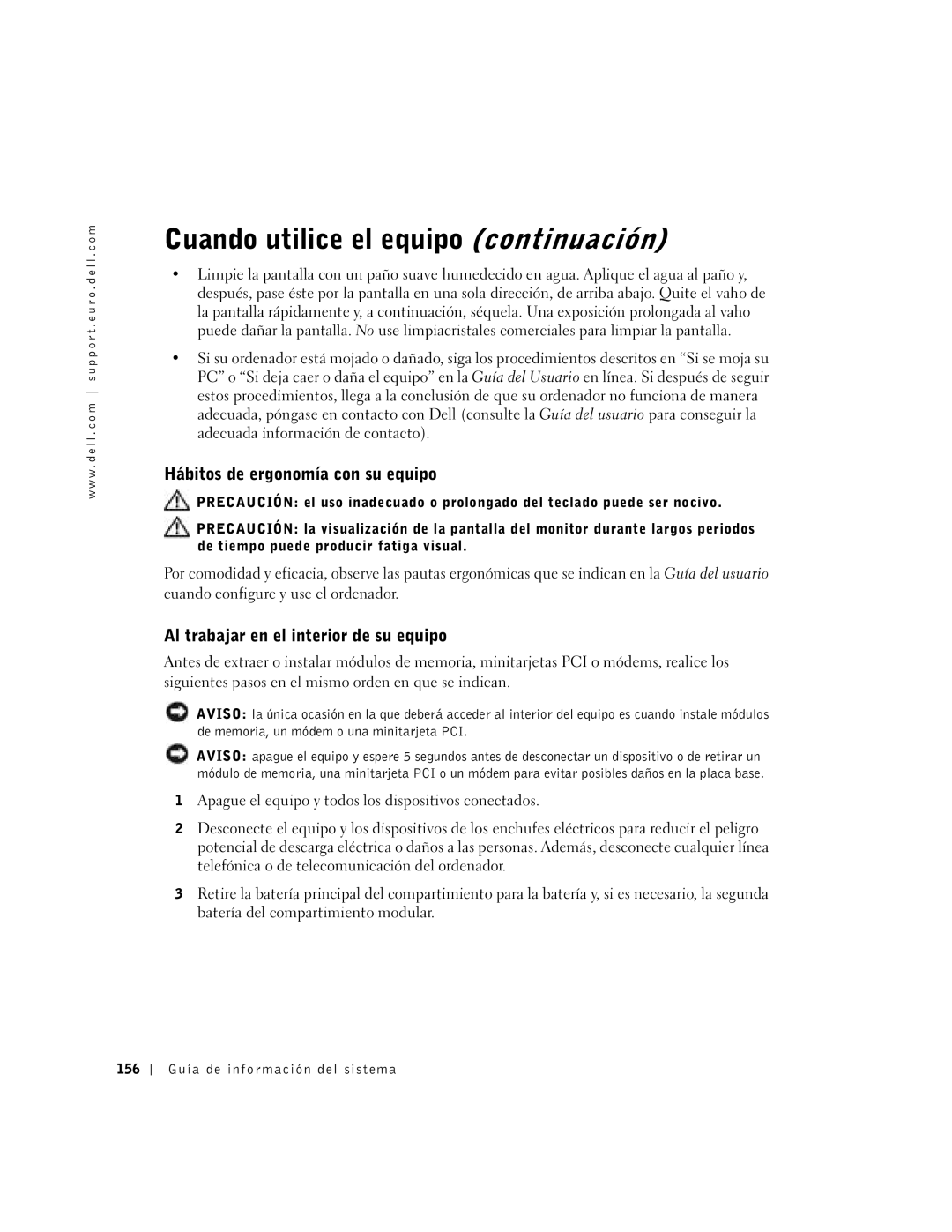 Dell C840 Cuando utilice el equipo continuación, Hábitos de ergonomía con su equipo, 156 Guía de información del sistema 