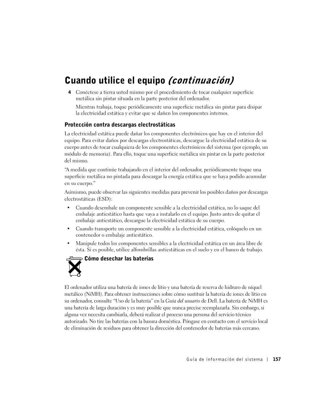 Dell C840 Protección contra descargas electrostáticas, Cómo desechar las baterías, Guía de información del sistema 157 