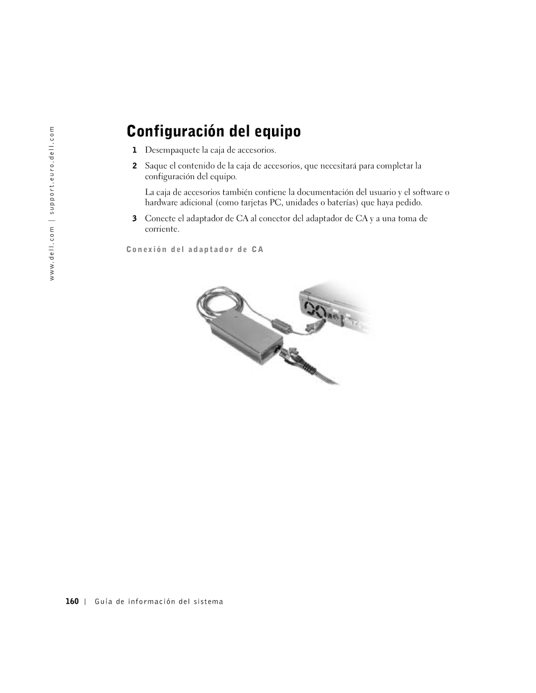 Dell C840 manual Configuración del equipo, 160 Guía de información del sistema 