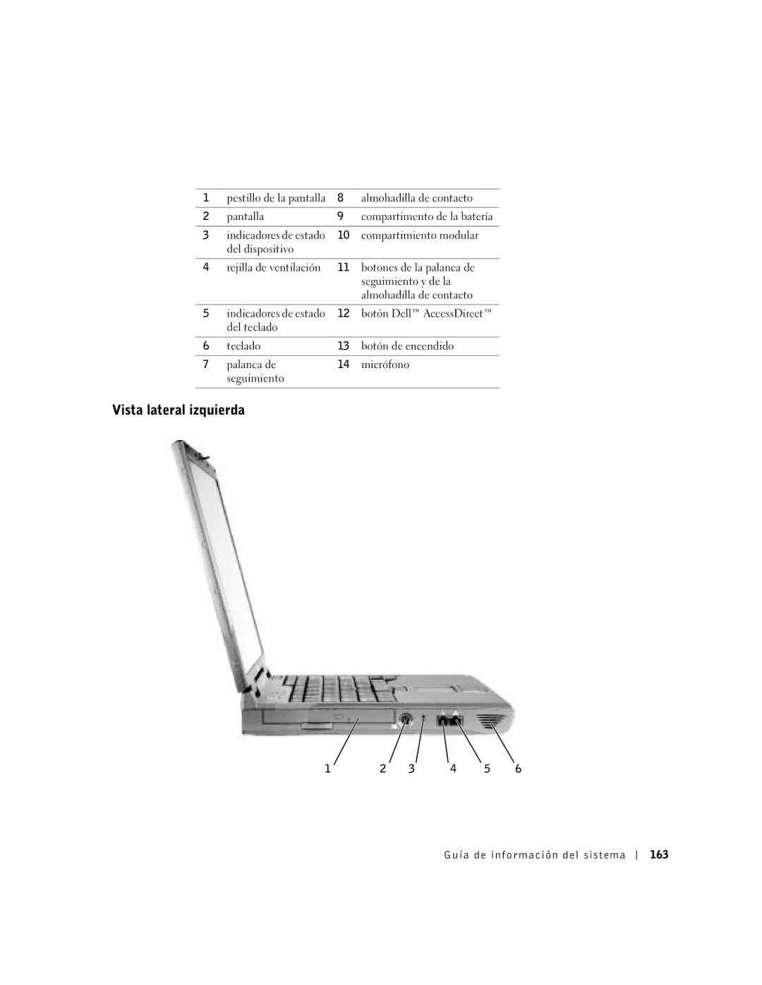 Dell C840 manual Vista lateral izquierda, Guía de información del sistema 163 