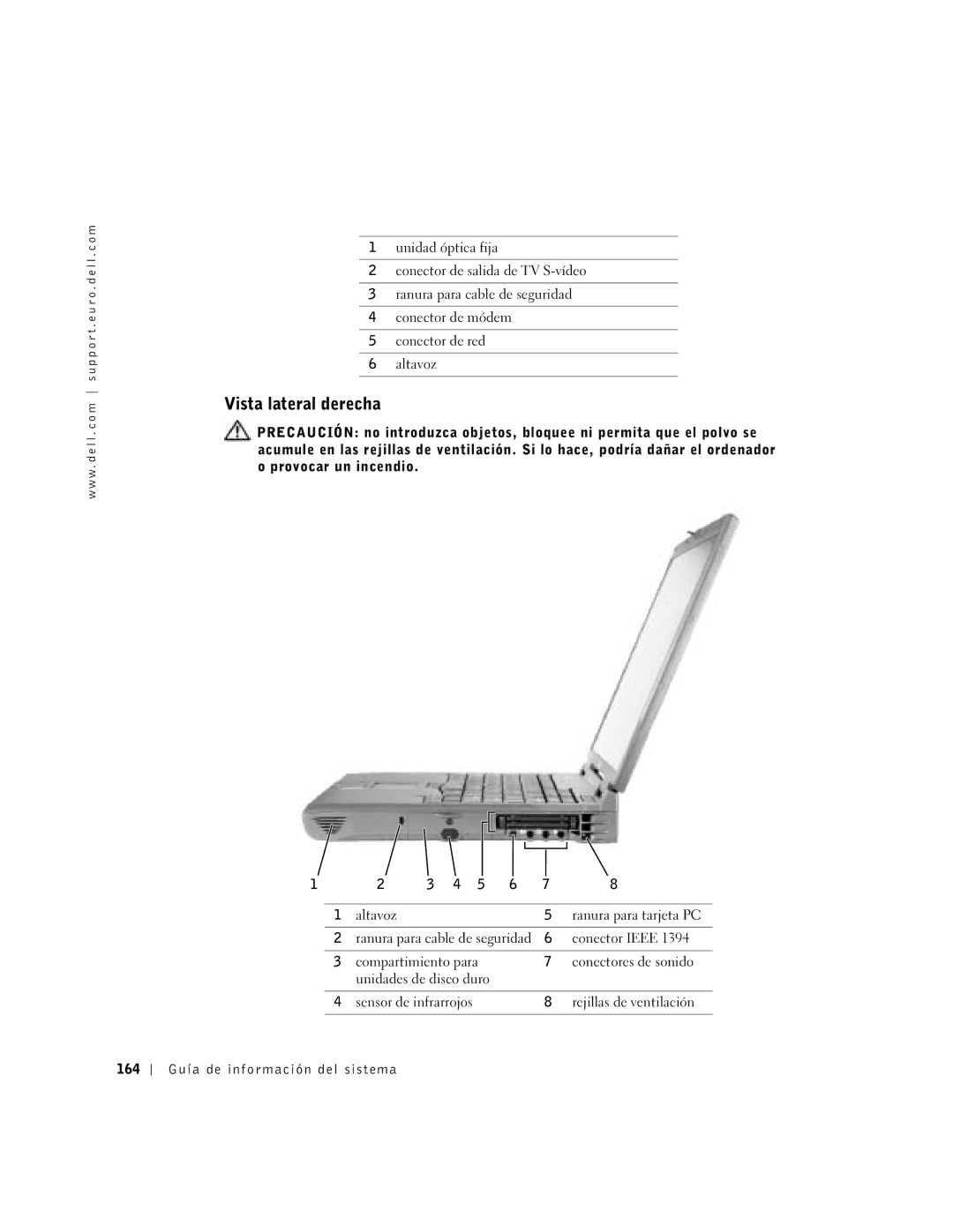 Dell C840 manual Vista lateral derecha, 164 Guía de información del sistema 