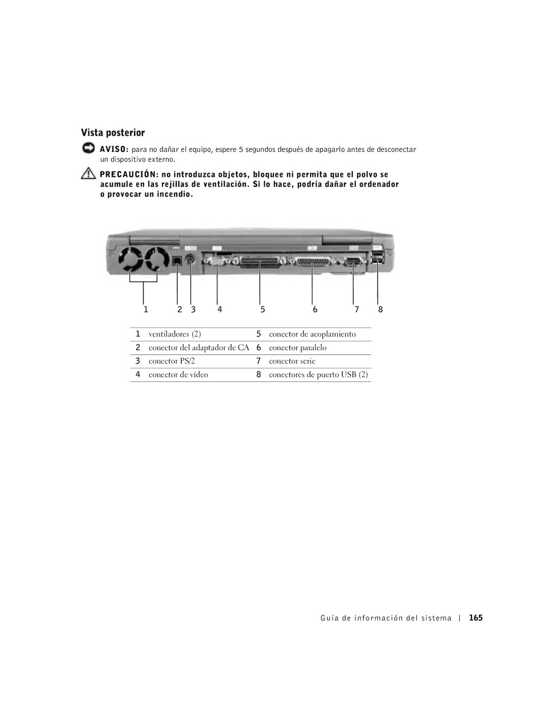 Dell C840 manual Vista posterior, Guía de información del sistema 165 