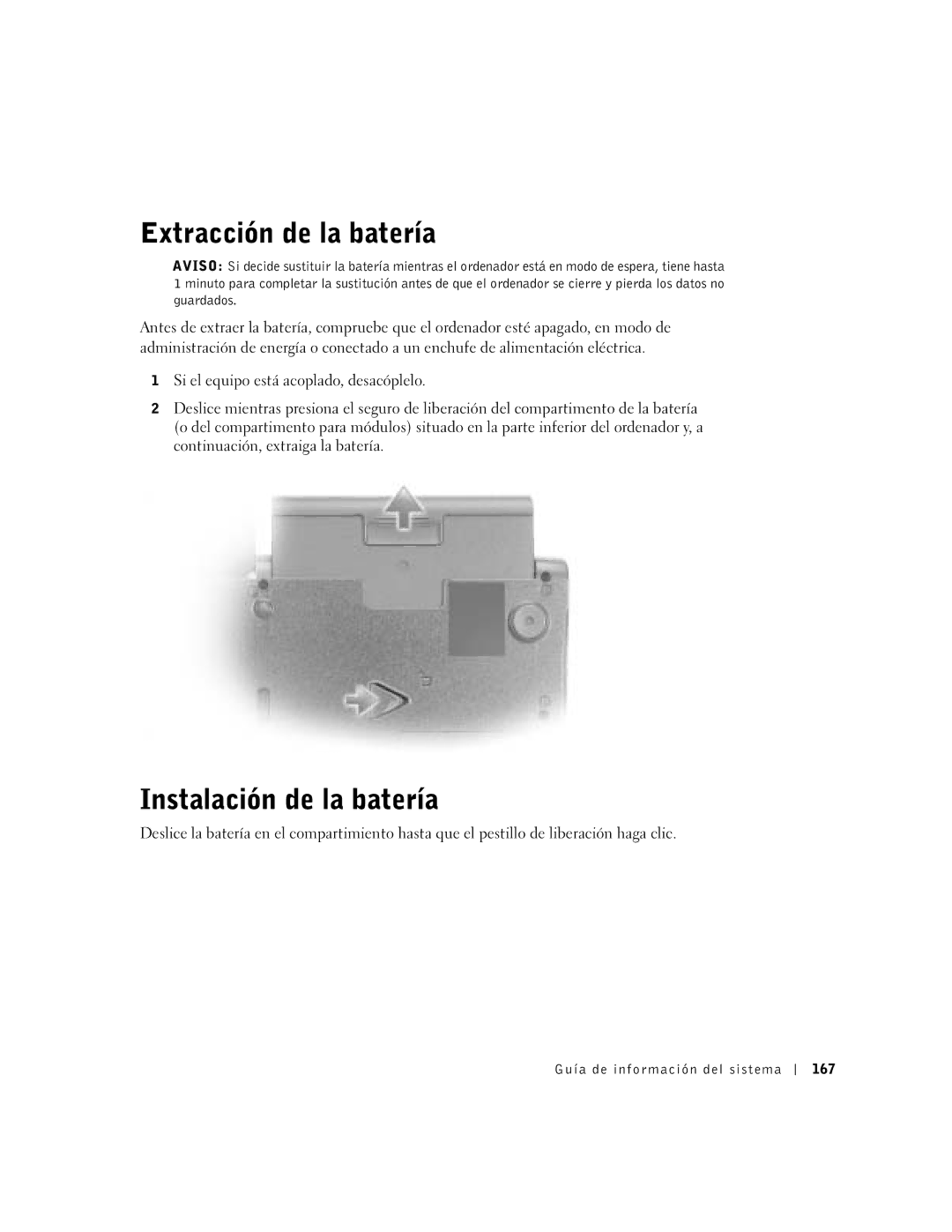 Dell C840 manual Extracción de la batería, Instalación de la batería, Guía de información del sistema 167 